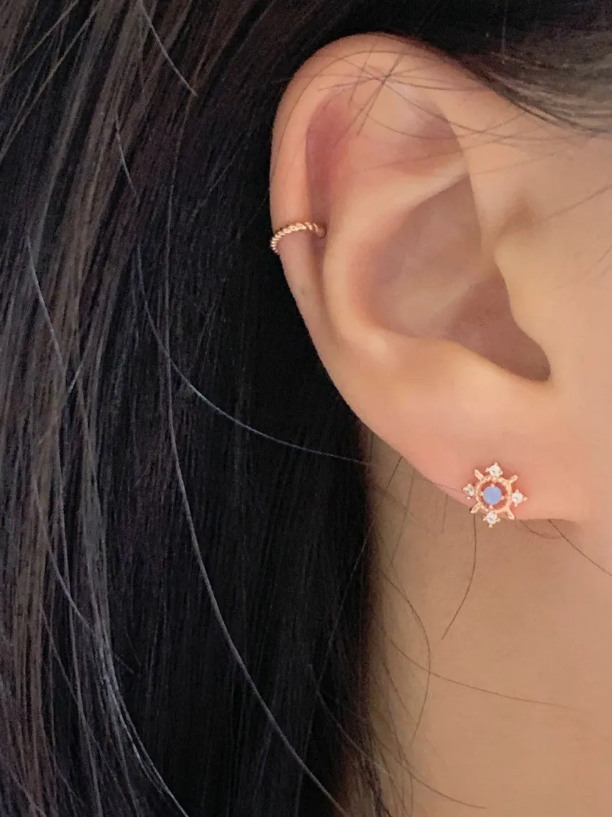 14K Solid Gold Blue Opal Flower Tragus Cartilage Helix Conch Earring Barbell Piercing Stud