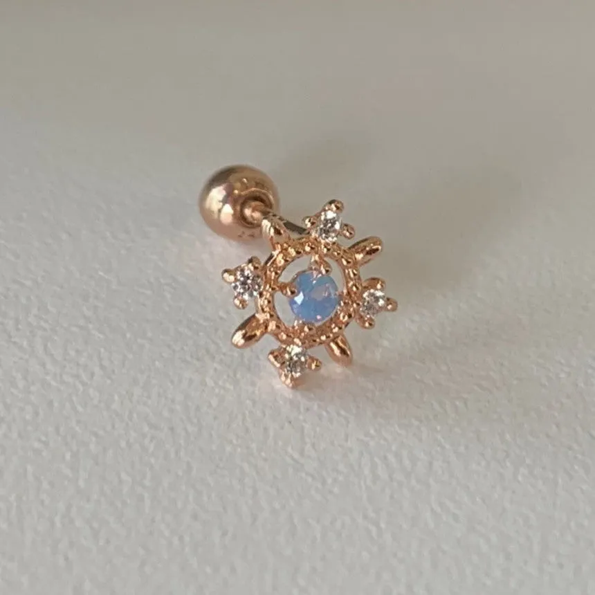 14K Solid Gold Blue Opal Flower Tragus Cartilage Helix Conch Earring Barbell Piercing Stud