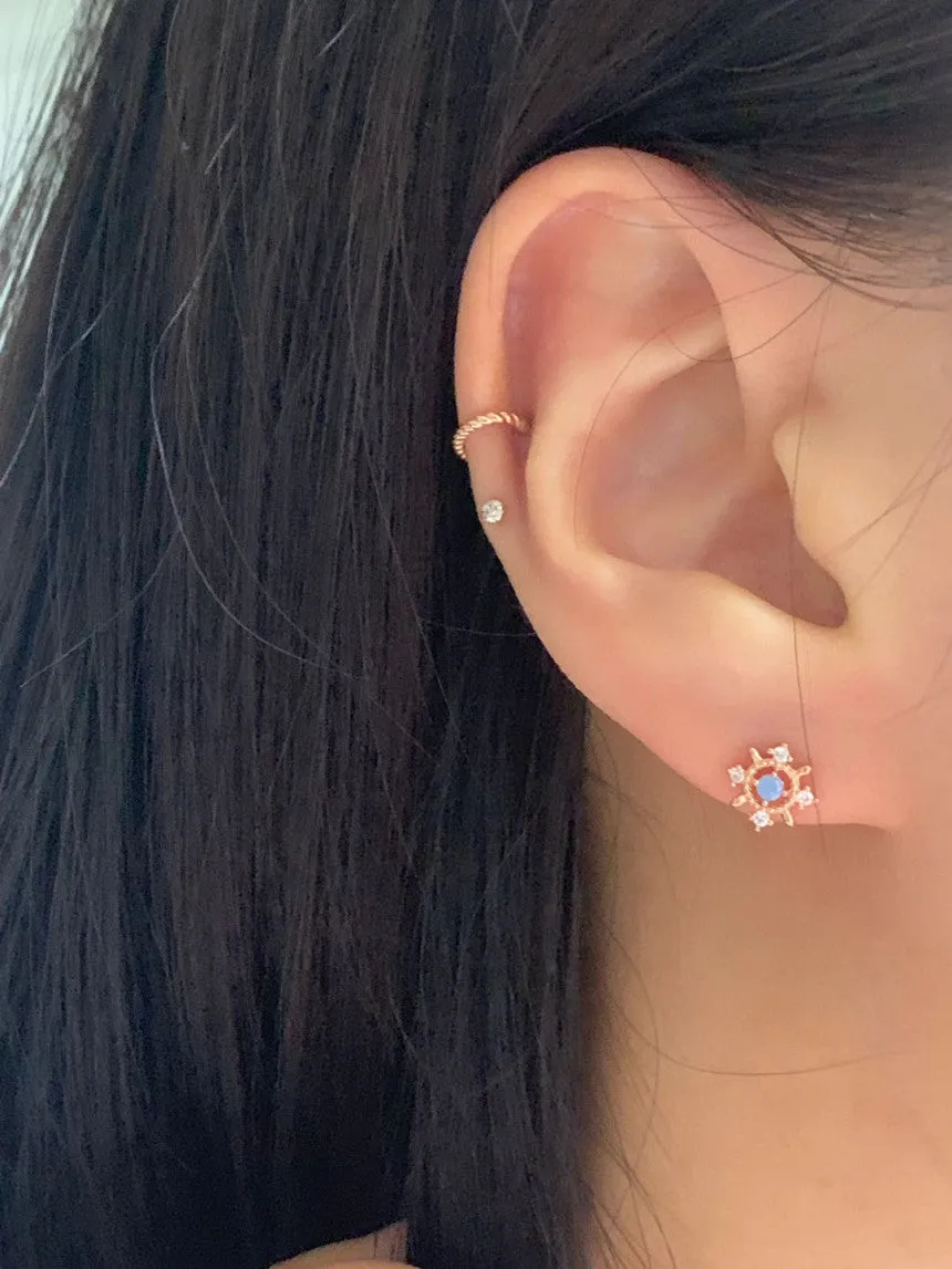 14K Solid Gold Blue Opal Flower Tragus Cartilage Helix Conch Earring Barbell Piercing Stud