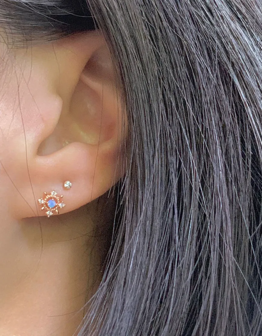 14K Solid Gold Blue Opal Flower Tragus Cartilage Helix Conch Earring Barbell Piercing Stud