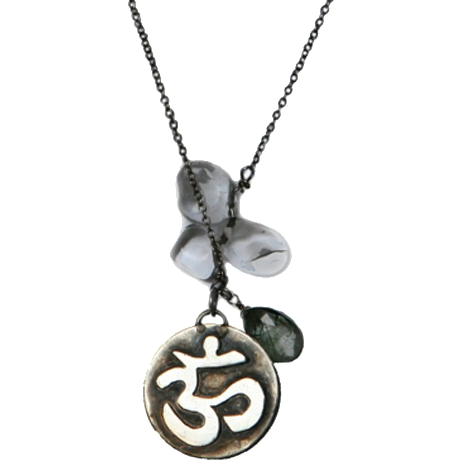 Antiqued Ohm Pendant Necklace with Quartz Crystals