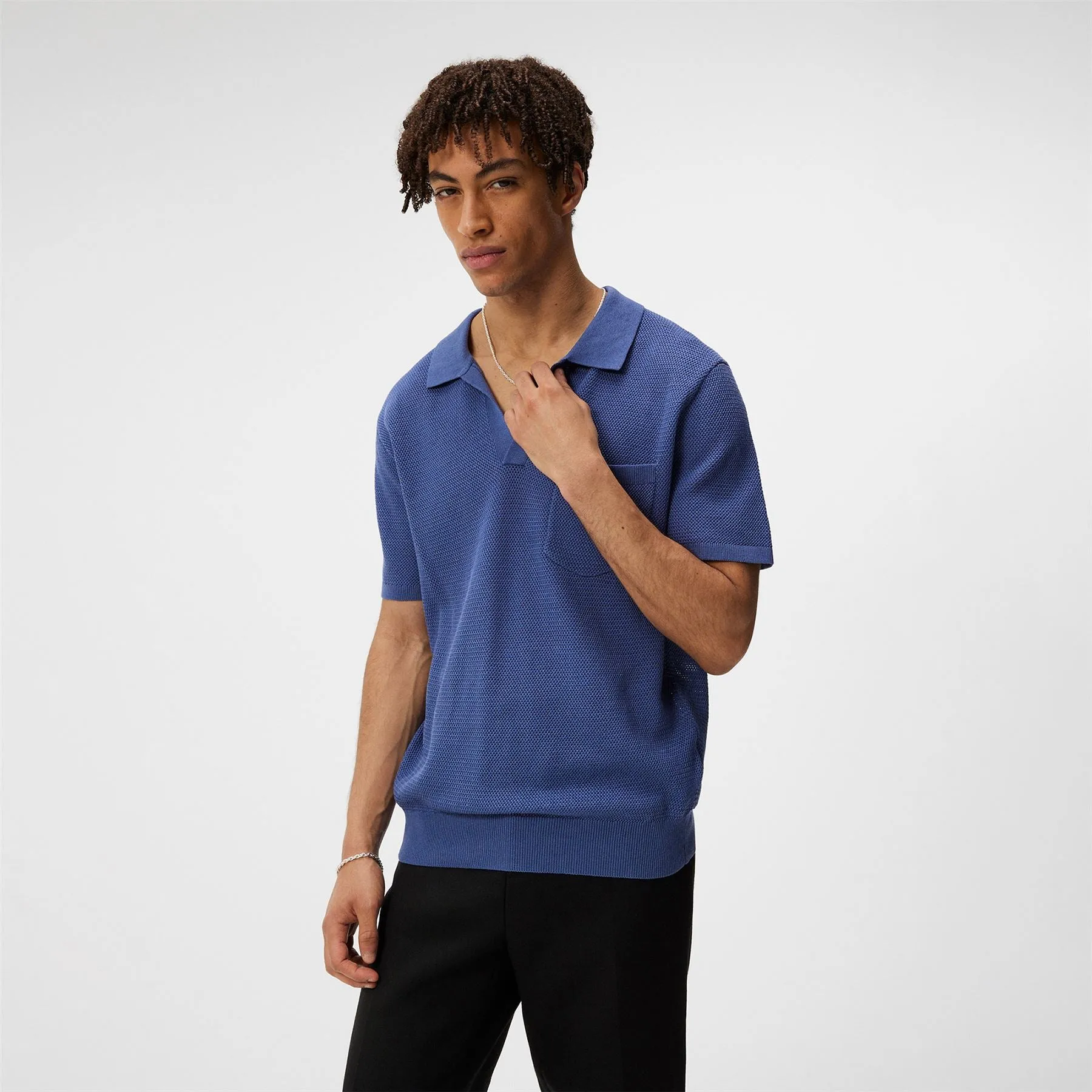 Ben Slim Fit Open Collar Silk Polo Bijou Blue - SS24