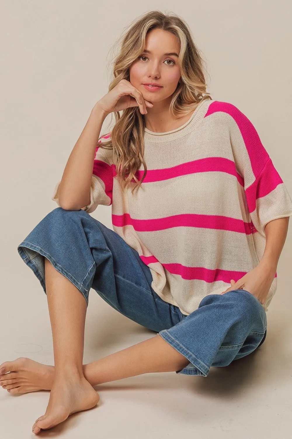 BiBi Contrast Striped Round Neck Knit Top