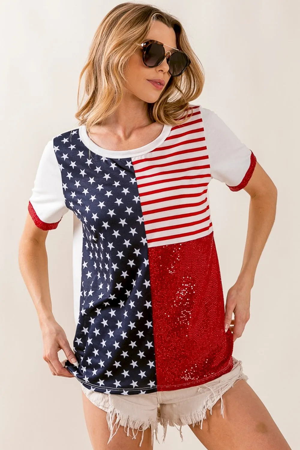 BiBi Star & Stripes Round Neck Short Sleeve T-Shirt