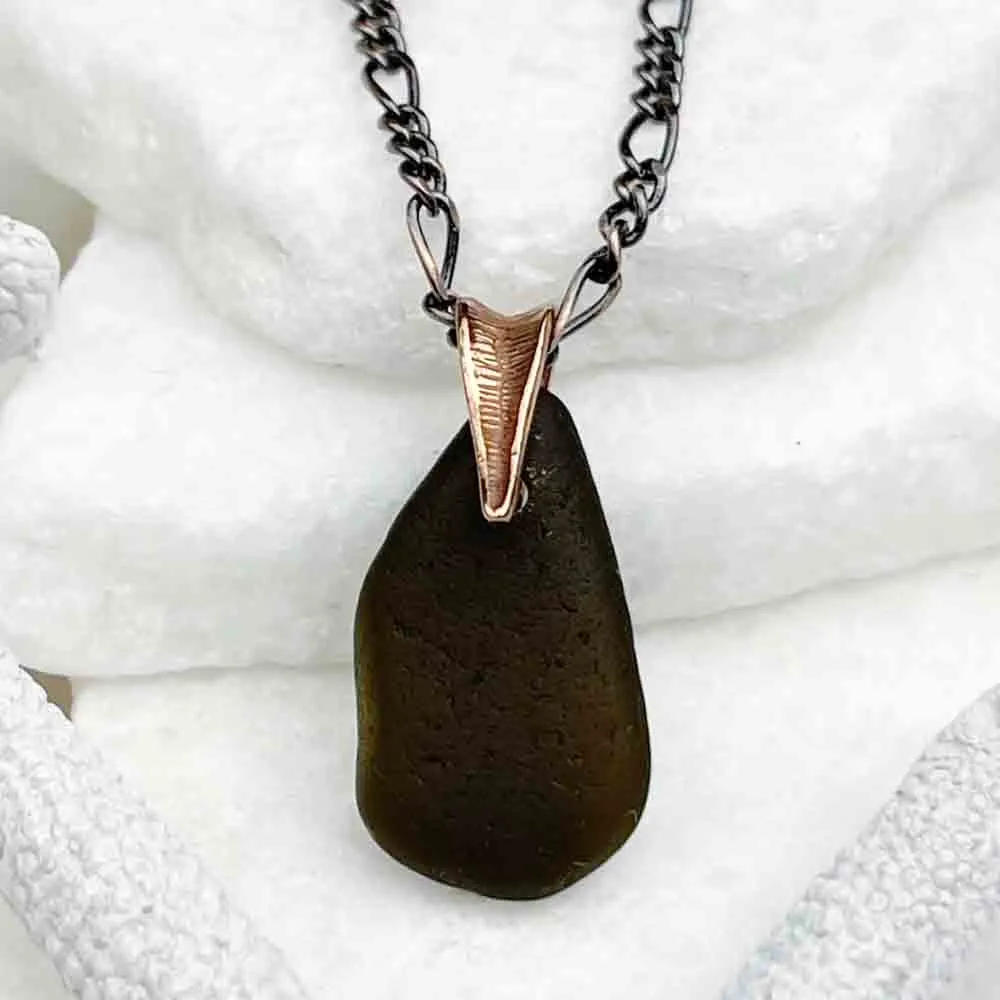 Black Amber Sea Glass Pendant with Copper Bail | #5121