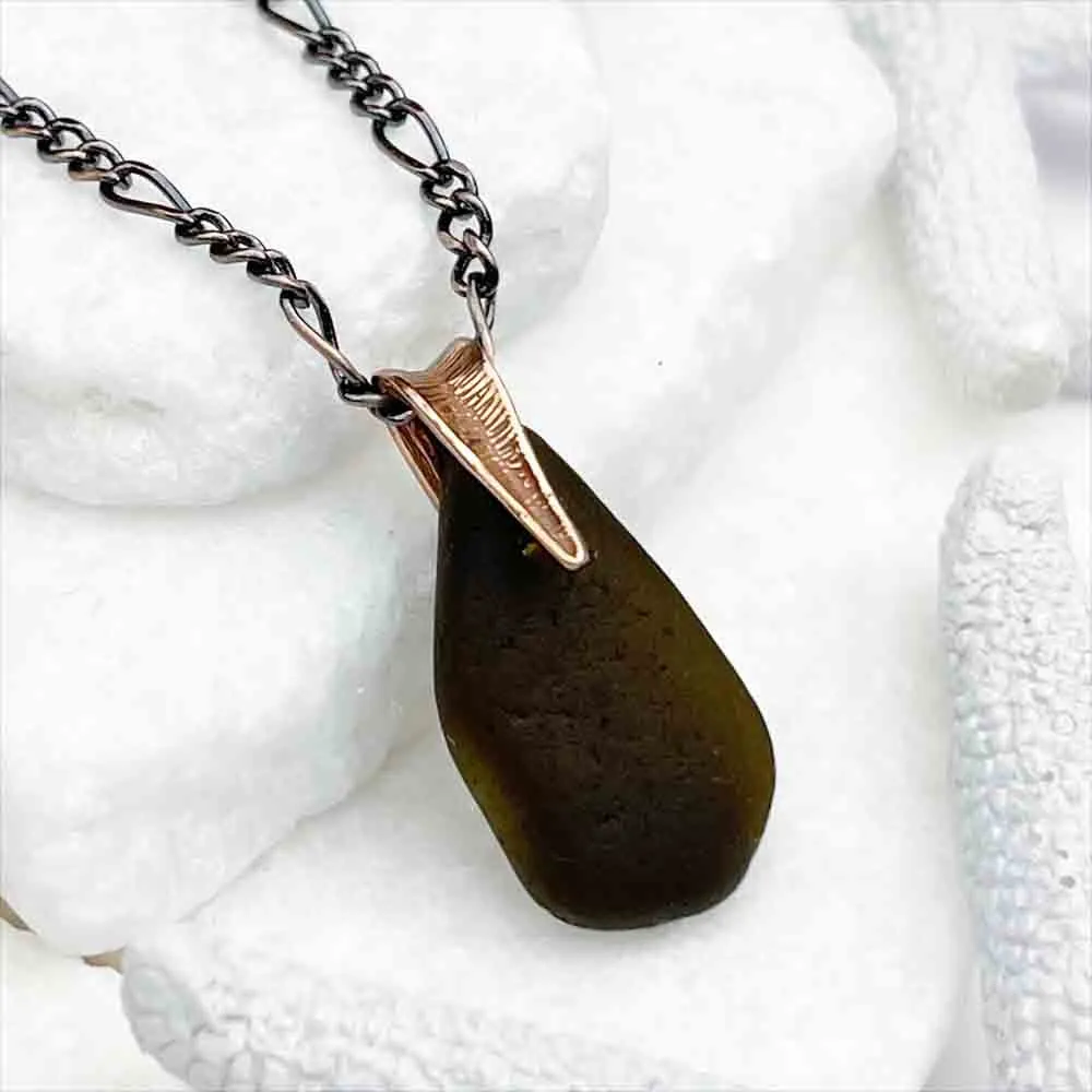 Black Amber Sea Glass Pendant with Copper Bail | #5121