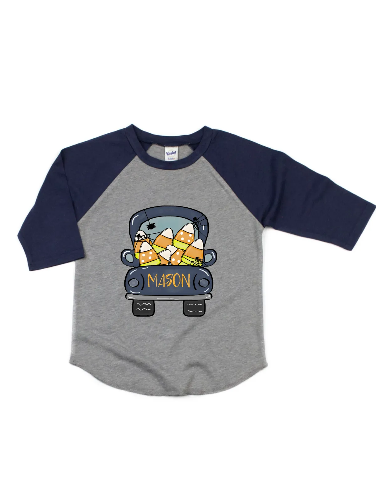 Candy Corn Truck Raglan Shirt - Navy & Heather GRay