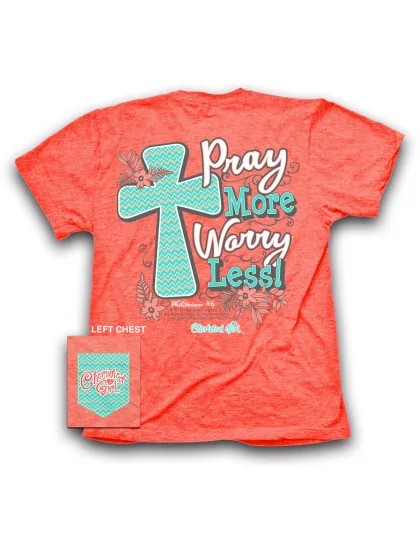 Cherished Girl Pray More Worry Less Chevron Cross Flower Christian Girlie Bright T Shirt