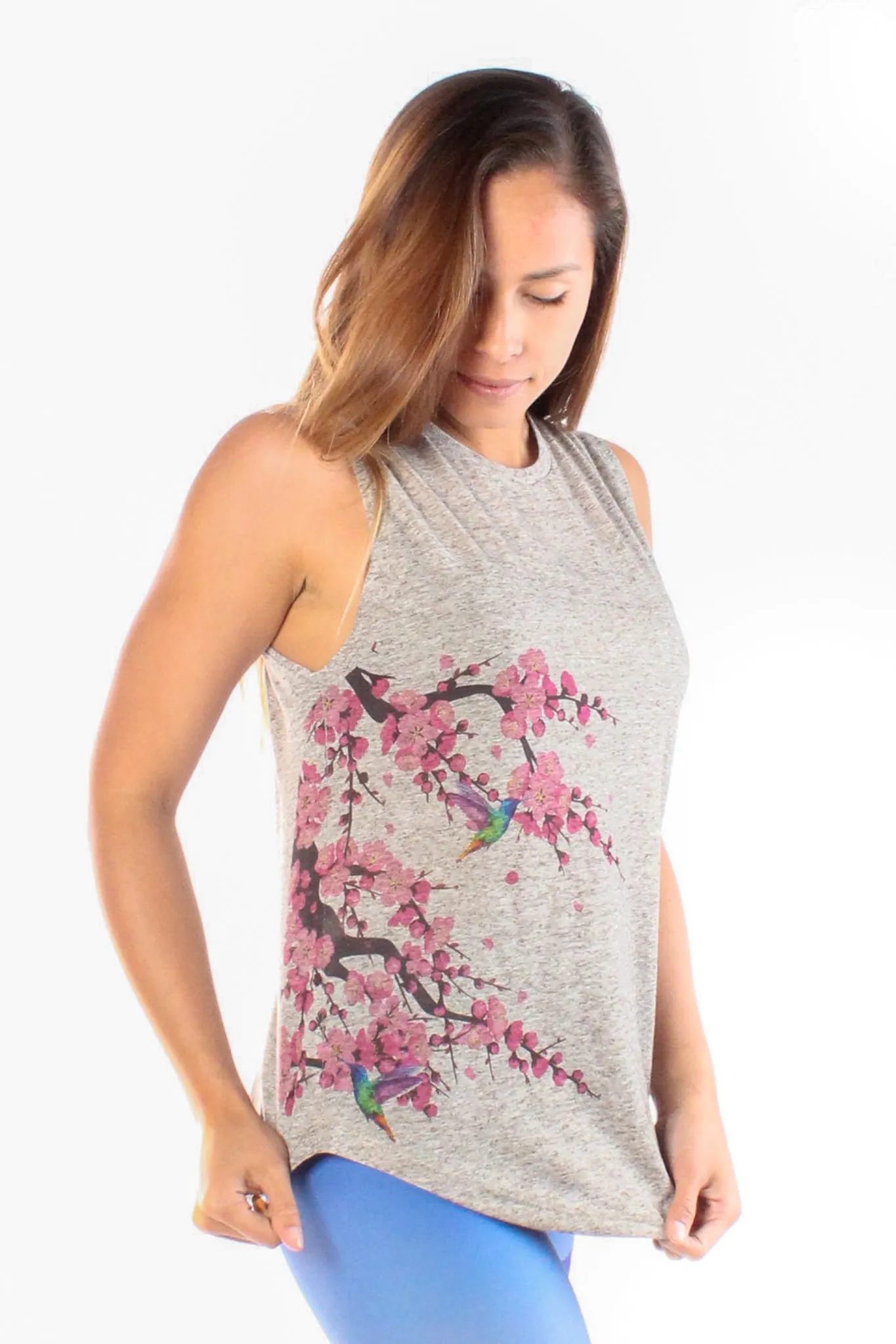 Cherry Blossoms With Hummingbirds Linen Blend Boyfriend Tee