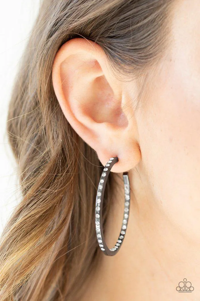 Coming Into Money Gunmetal Black and White Rhinestone Hoop Earrings - Paparazzi Accessories