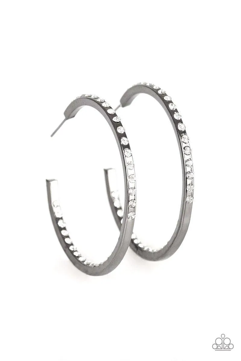 Coming Into Money Gunmetal Black and White Rhinestone Hoop Earrings - Paparazzi Accessories