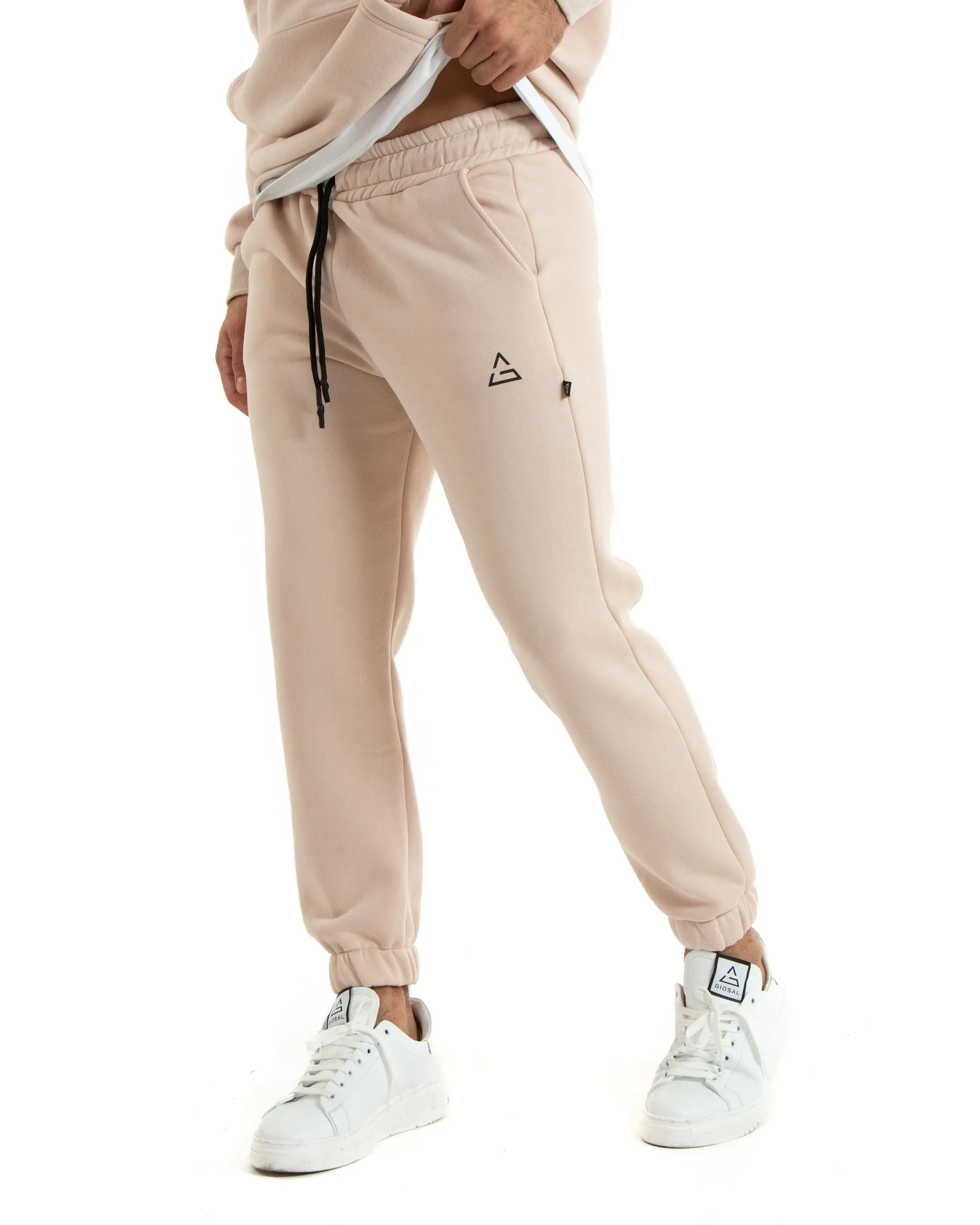 Completo Tuta Uomo Basic Felpa Con Cappuccio Pantaloni Cotone Felpato Tinta Unita Rosa GIOSAL-OU2417A