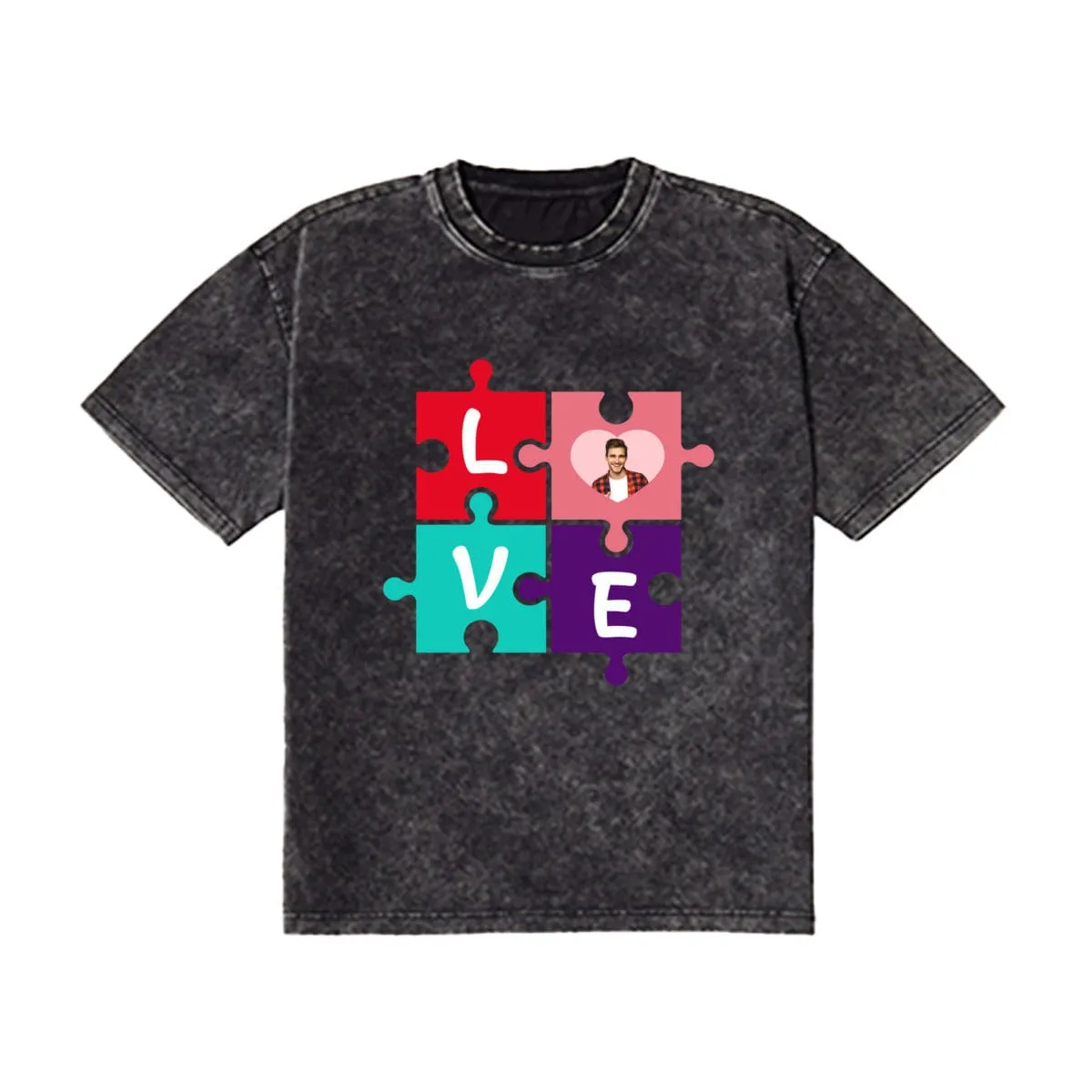 Custom Photo Cotton Love Puzzle Casual Couple Denim T-Shirt