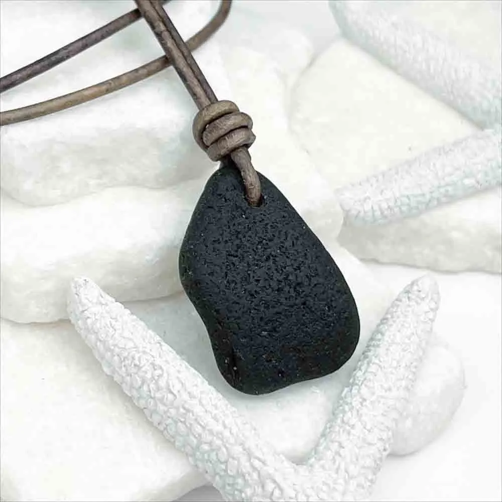 Deep Black Bottle Bottom Sea Glass Leather Necklace | #5023