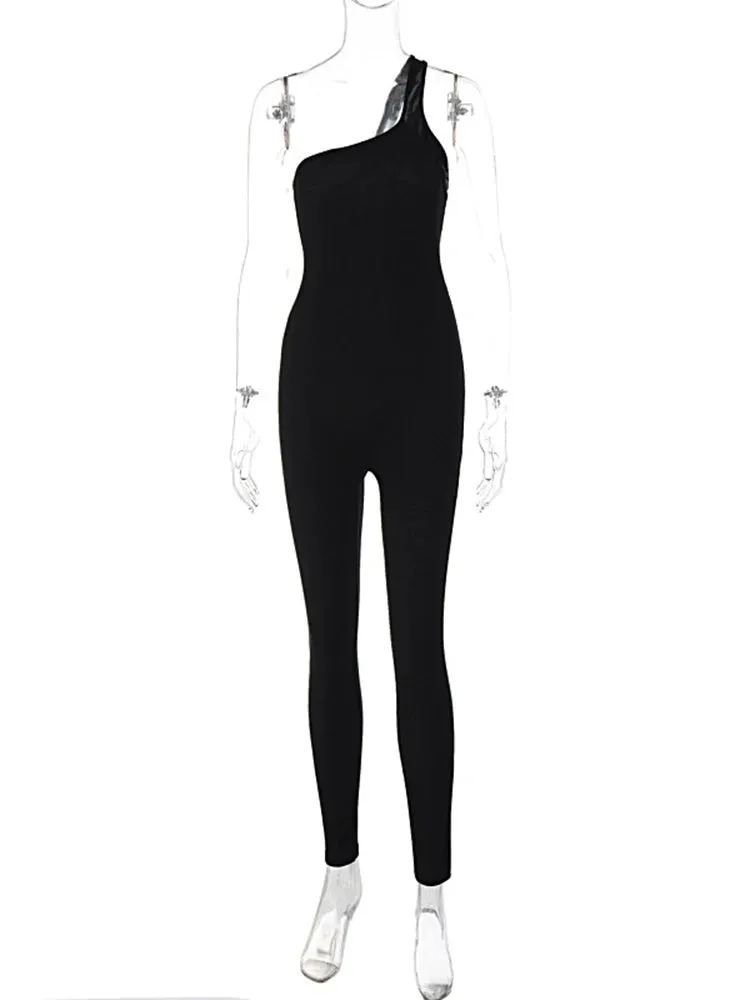 Dul-zura Black Sleeveless One Shoulder Ribbed Jumpsuit