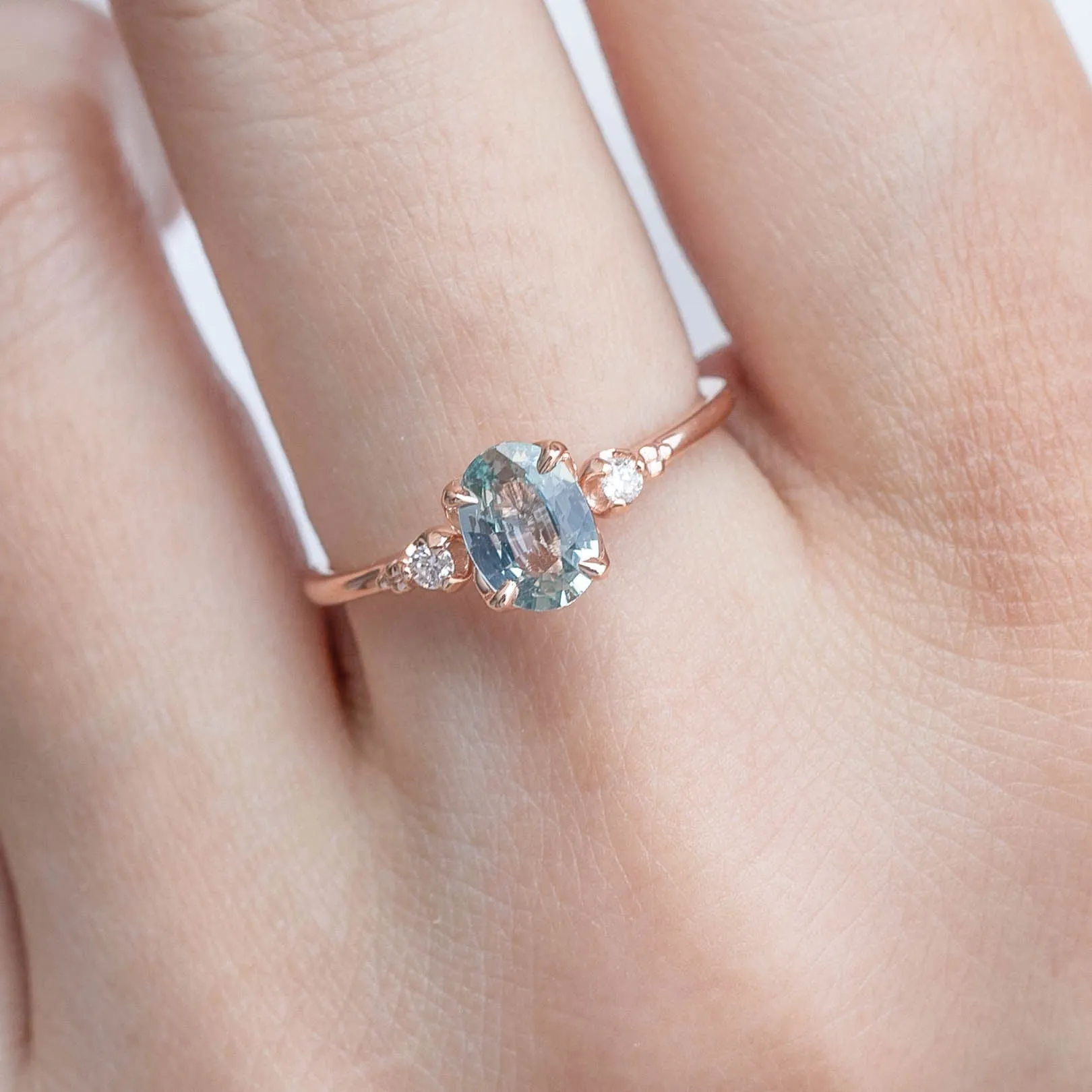 Estel Ring 0.80ct Unheated Light Blue Green Oval Sapphire, 14k Rose Gold (One of a kind)