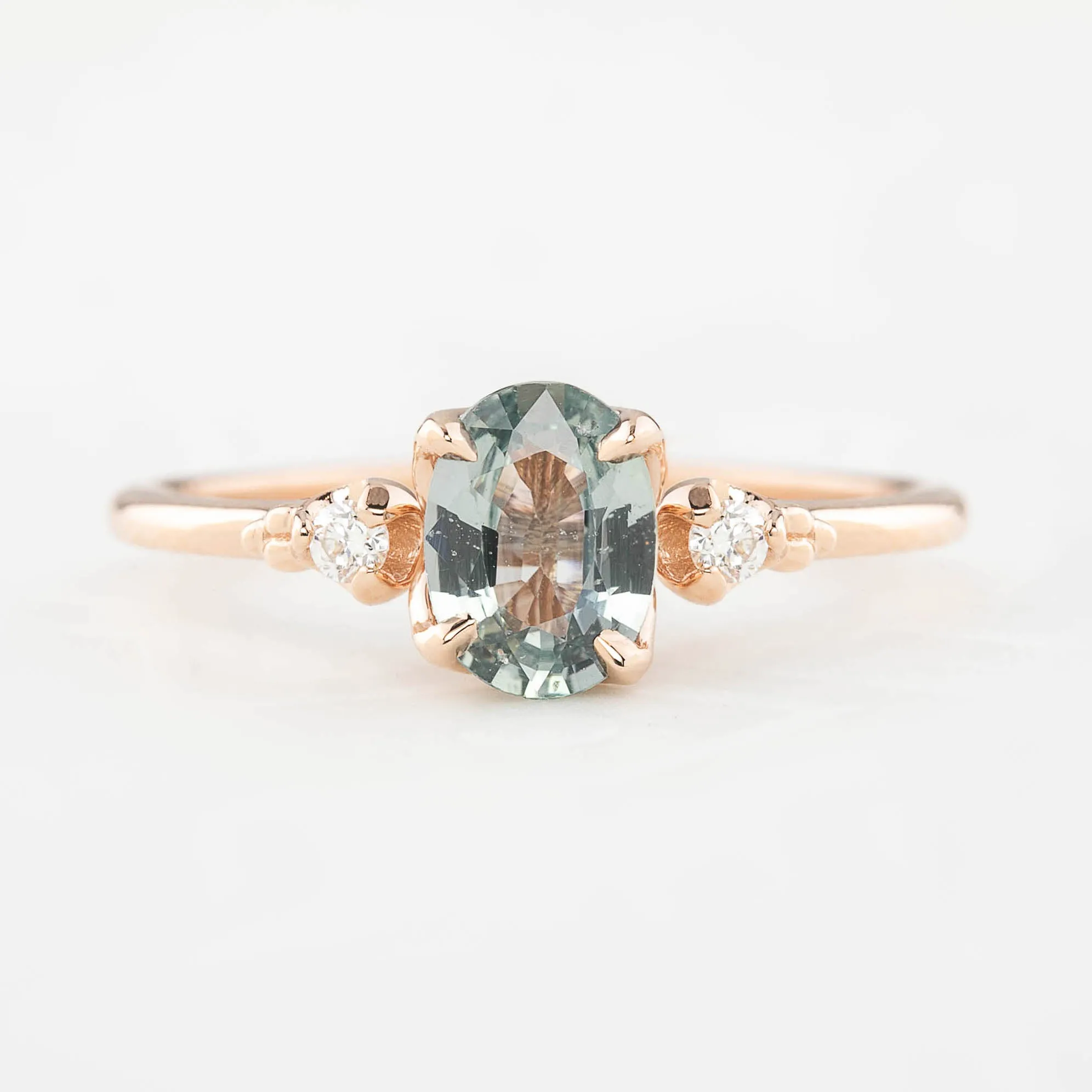 Estel Ring 0.80ct Unheated Light Blue Green Oval Sapphire, 14k Rose Gold (One of a kind)