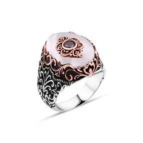 Eye Figure on White Ellipse Mother of Pearl Stone Silver Men's Ring with Wavy Pattern Around