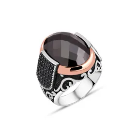 Facet Cut Black Ellipse Zircon Stone Silver Men's Ring Siding Zircons in Epaulet Shape