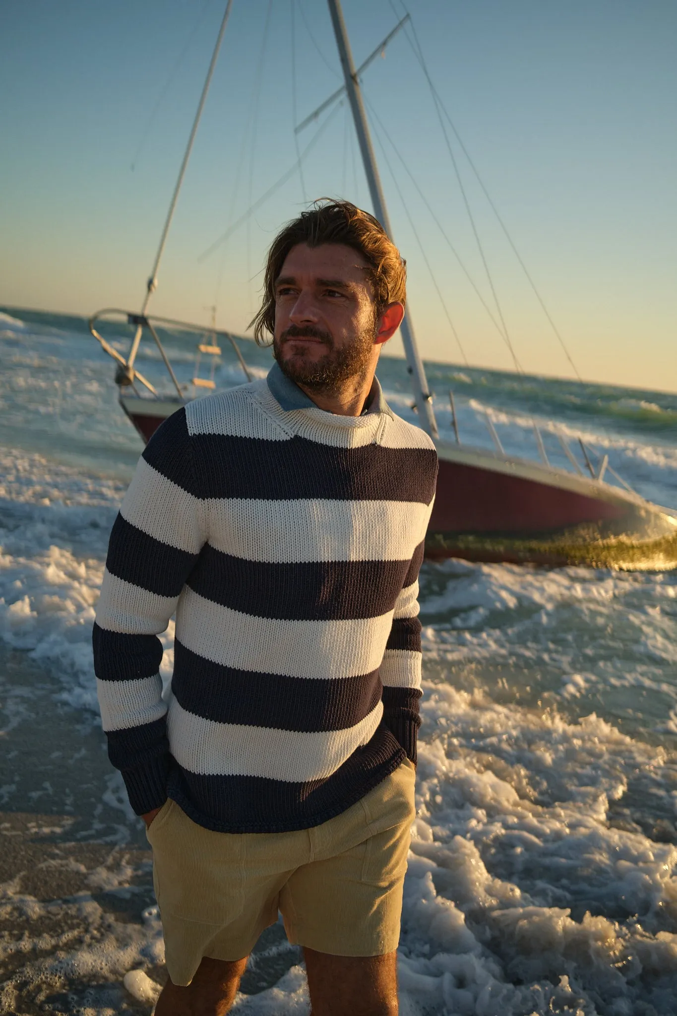 Fisherman's Sweater in Navy/Egret Stripe