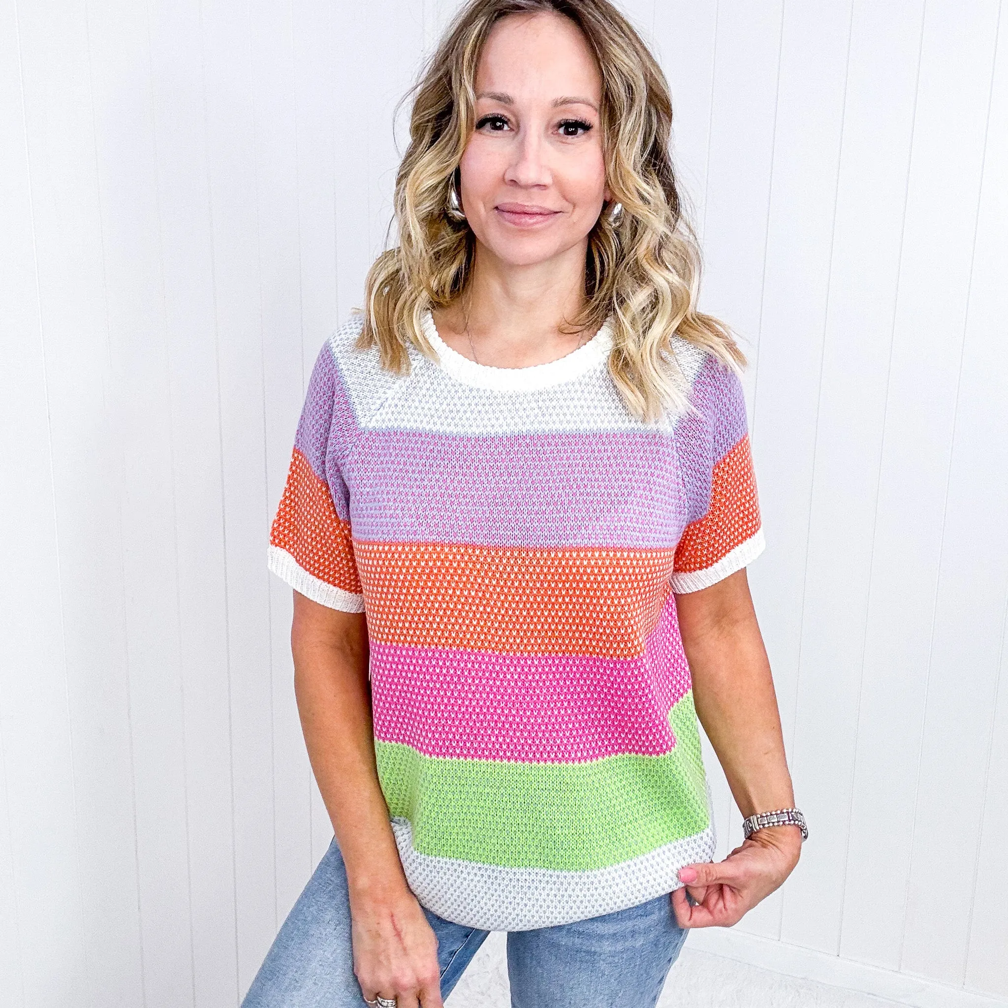 Get Started Lavender and Orange Stripe Short Sleeve Sweater Top