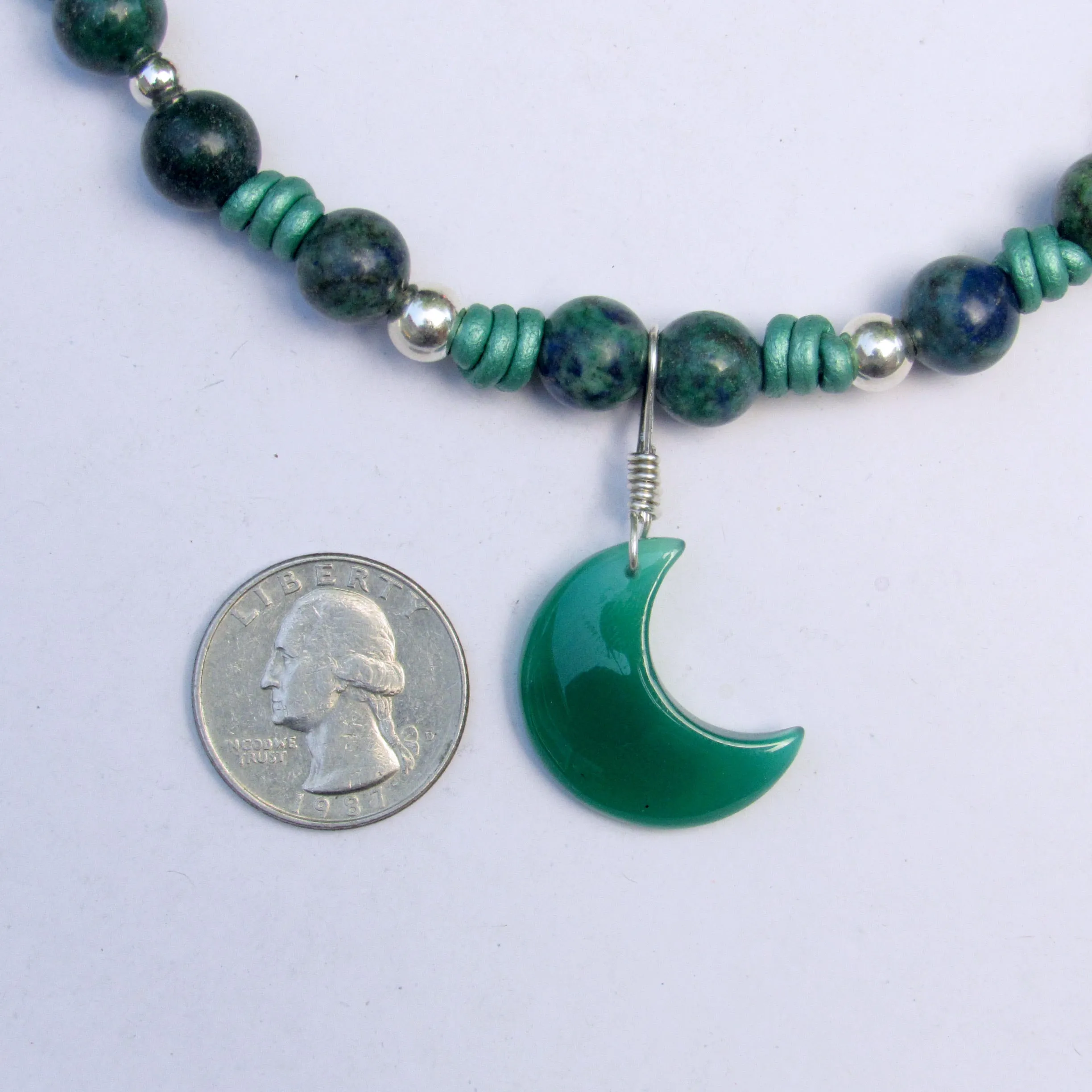 Green Onyx gemstone Moon, Lapis Lazuli Chrysocolla Intrusion, Sterling Silver, on Leather Necklace