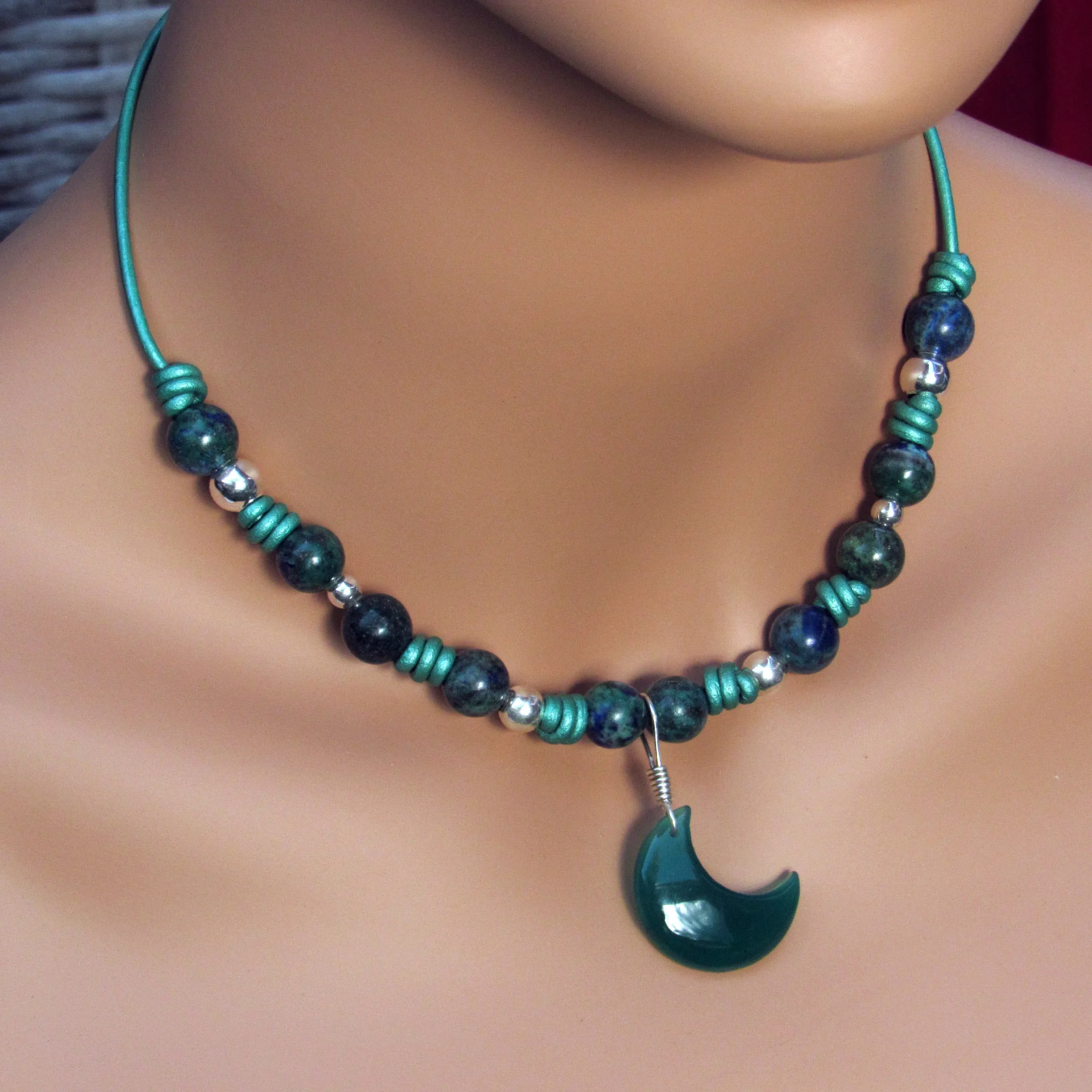 Green Onyx gemstone Moon, Lapis Lazuli Chrysocolla Intrusion, Sterling Silver, on Leather Necklace