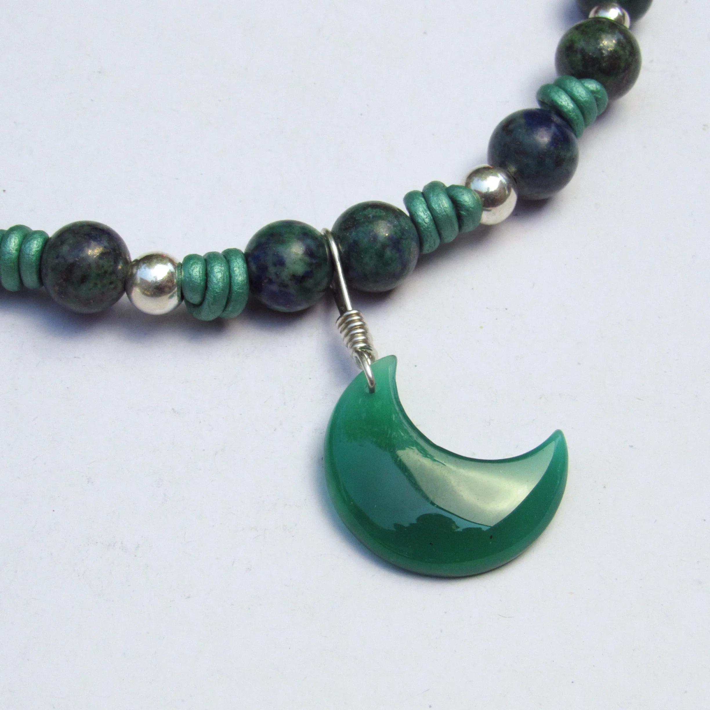 Green Onyx gemstone Moon, Lapis Lazuli Chrysocolla Intrusion, Sterling Silver, on Leather Necklace