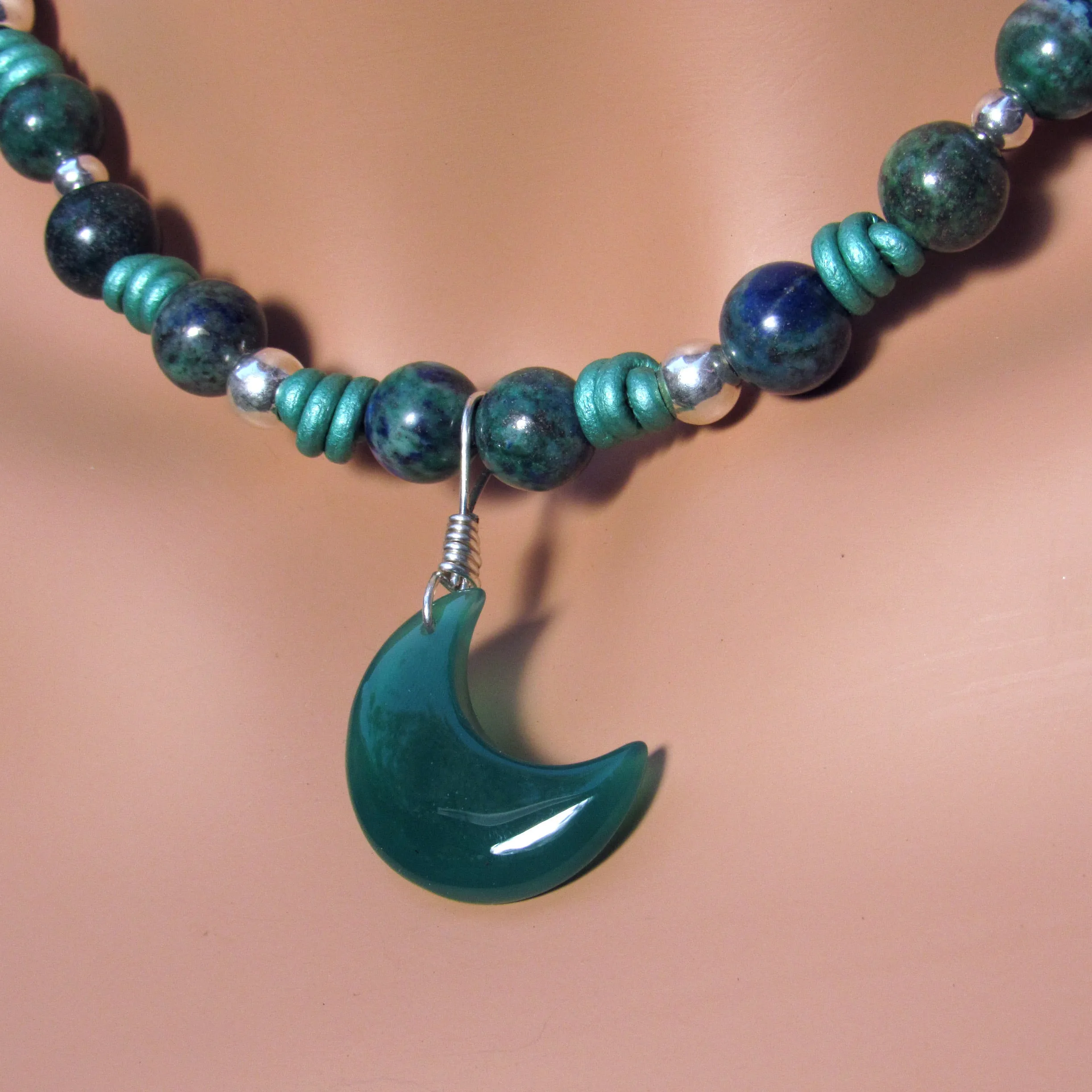 Green Onyx gemstone Moon, Lapis Lazuli Chrysocolla Intrusion, Sterling Silver, on Leather Necklace