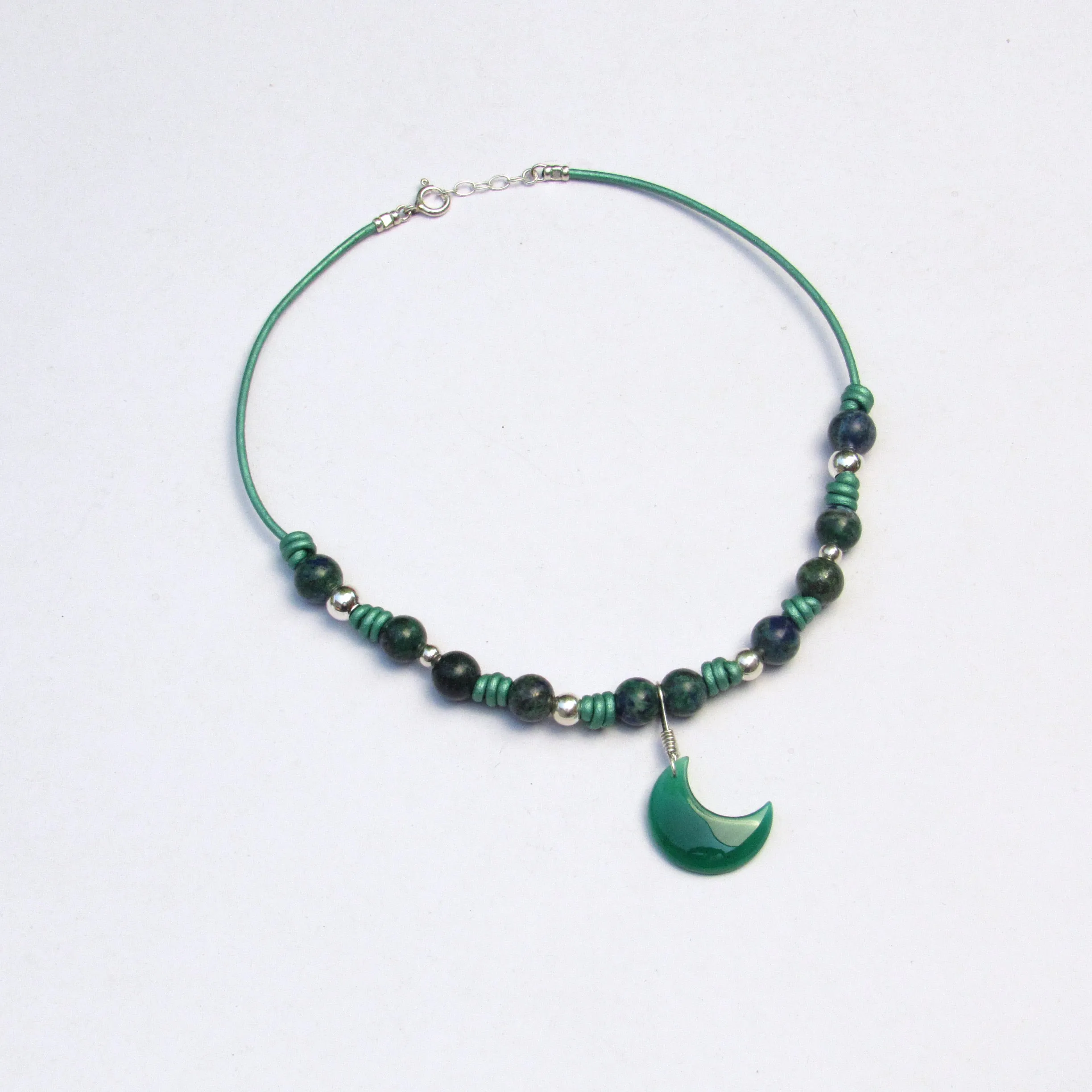 Green Onyx gemstone Moon, Lapis Lazuli Chrysocolla Intrusion, Sterling Silver, on Leather Necklace