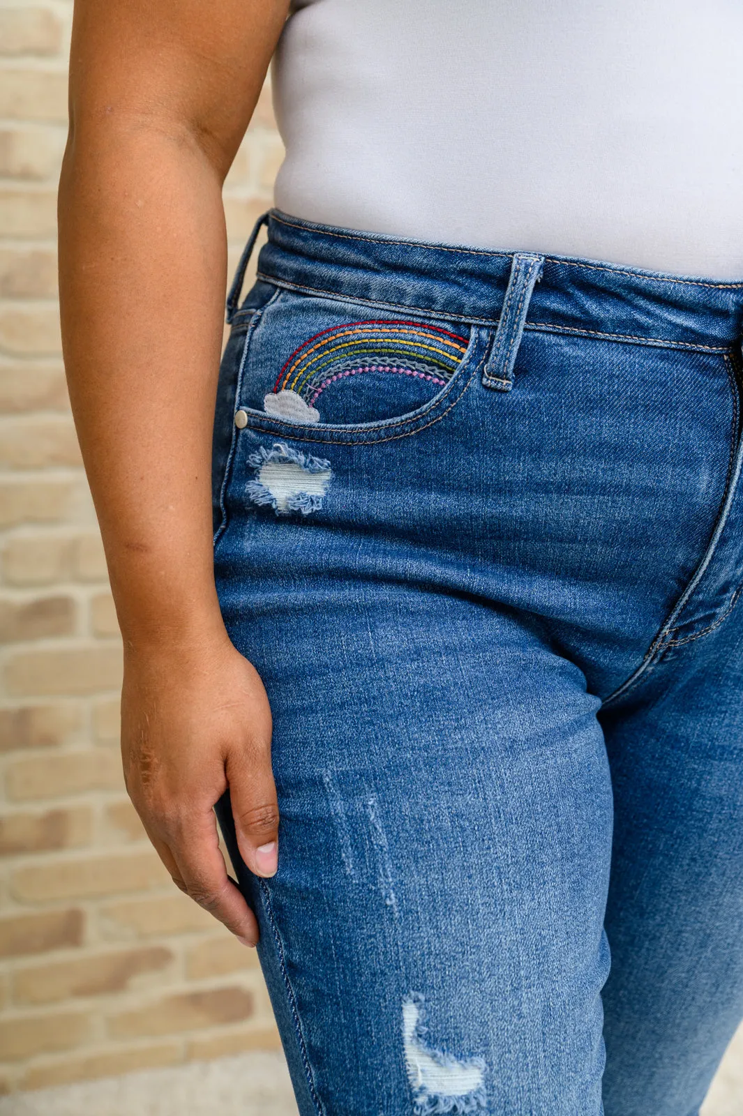 Hi-Rise Rainbow Embroidery Cropped Straight Leg Judy Blue Jeans