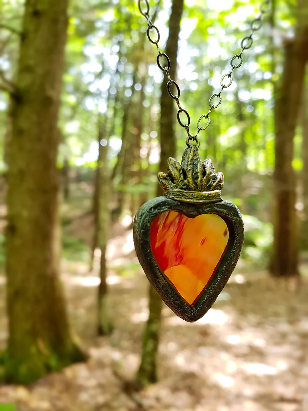 Iridescent Stained Glass Sacred Heart Amulet