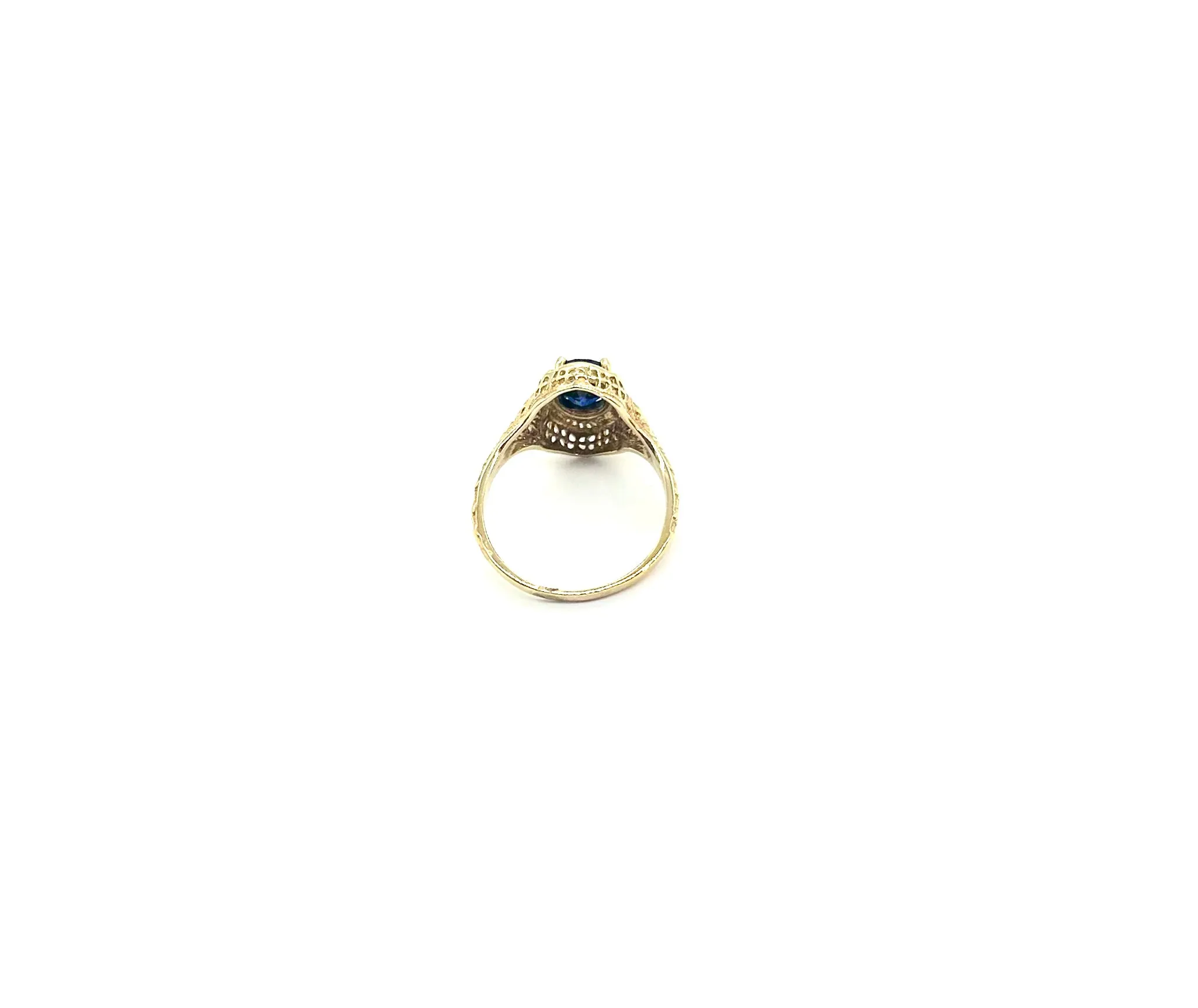 Ladies Art Filigree Deco Ring in 10K Gold and Blue Stone