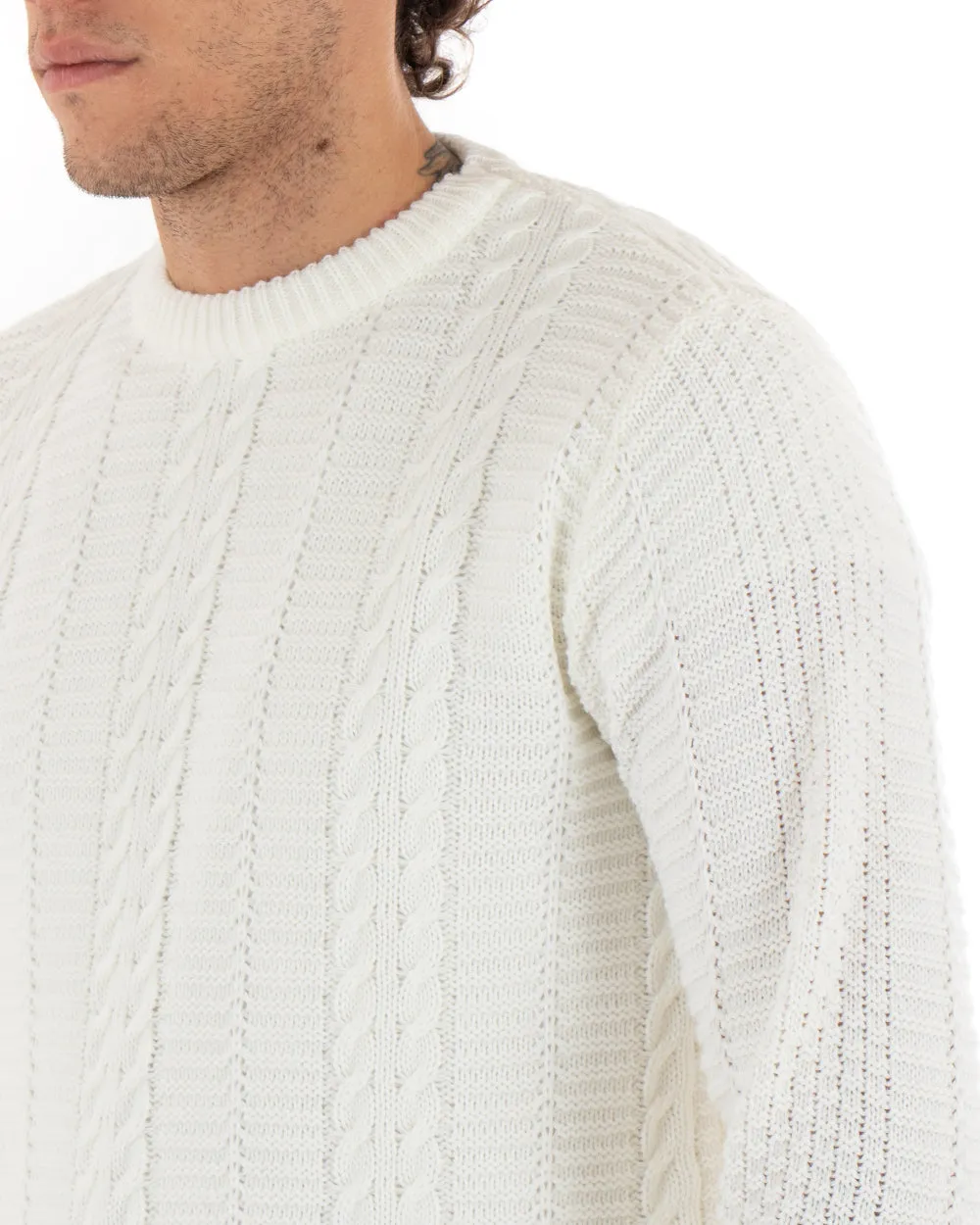 Maglioncino Uomo Girocollo Maglia Inglese Basic Con Trecce Bianco GIOSAL-M2421A