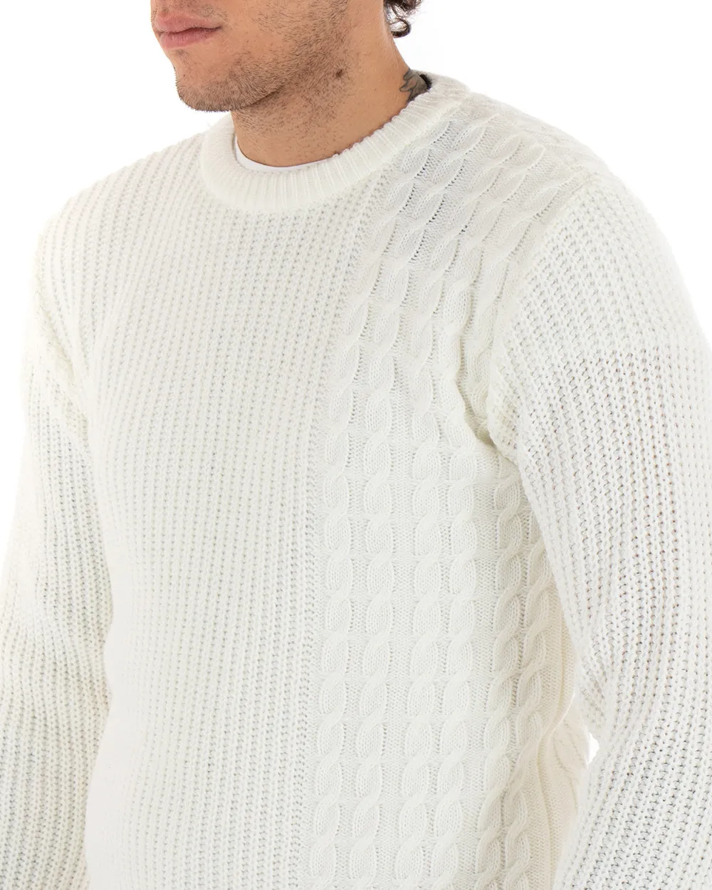 Maglioncino Uomo Girocollo Maglia Inglese Basic Con Trecce Bianco GIOSAL-M2423A