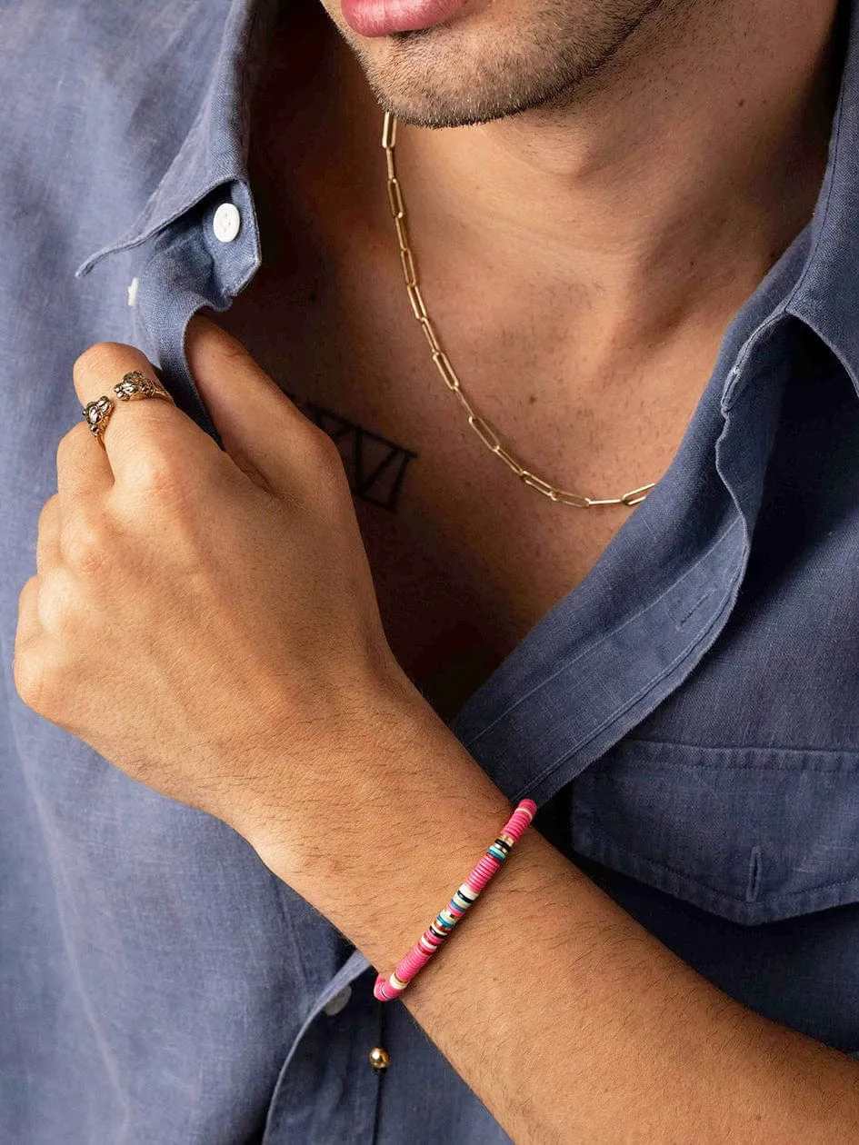 Men's Beaded Bracelet with Pink and Gold Disc Beads