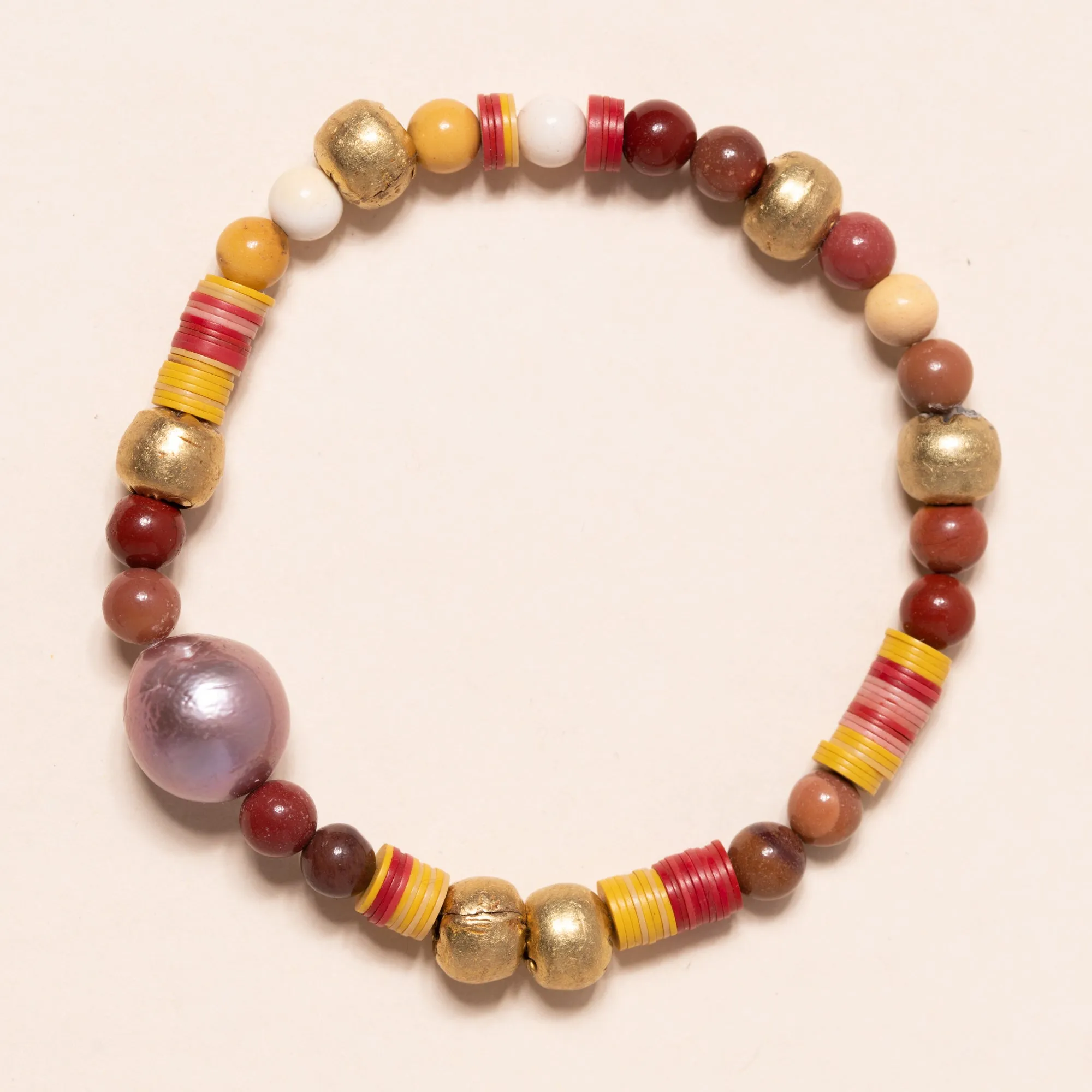 Mookaite Jasper, African Brass, African Vinyl, and Pearl Bloom Bracelet