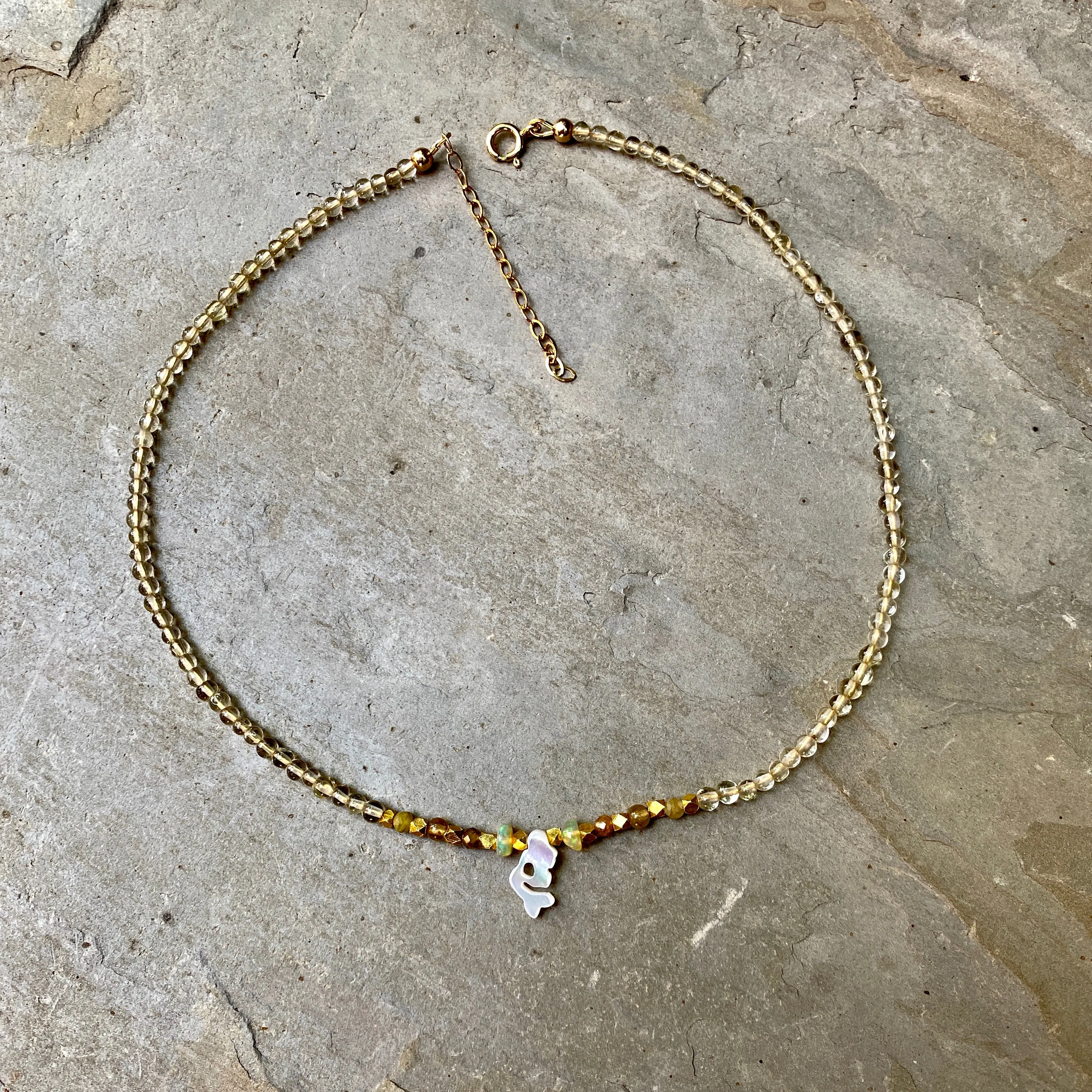 Mother of Pearl Mermaid choker with lemon Quartz, tourmaline and Ethiopian Fire Opals