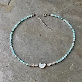 Mother of pearl moon with amazonite, moonstones, and apatite sterling silver Choker