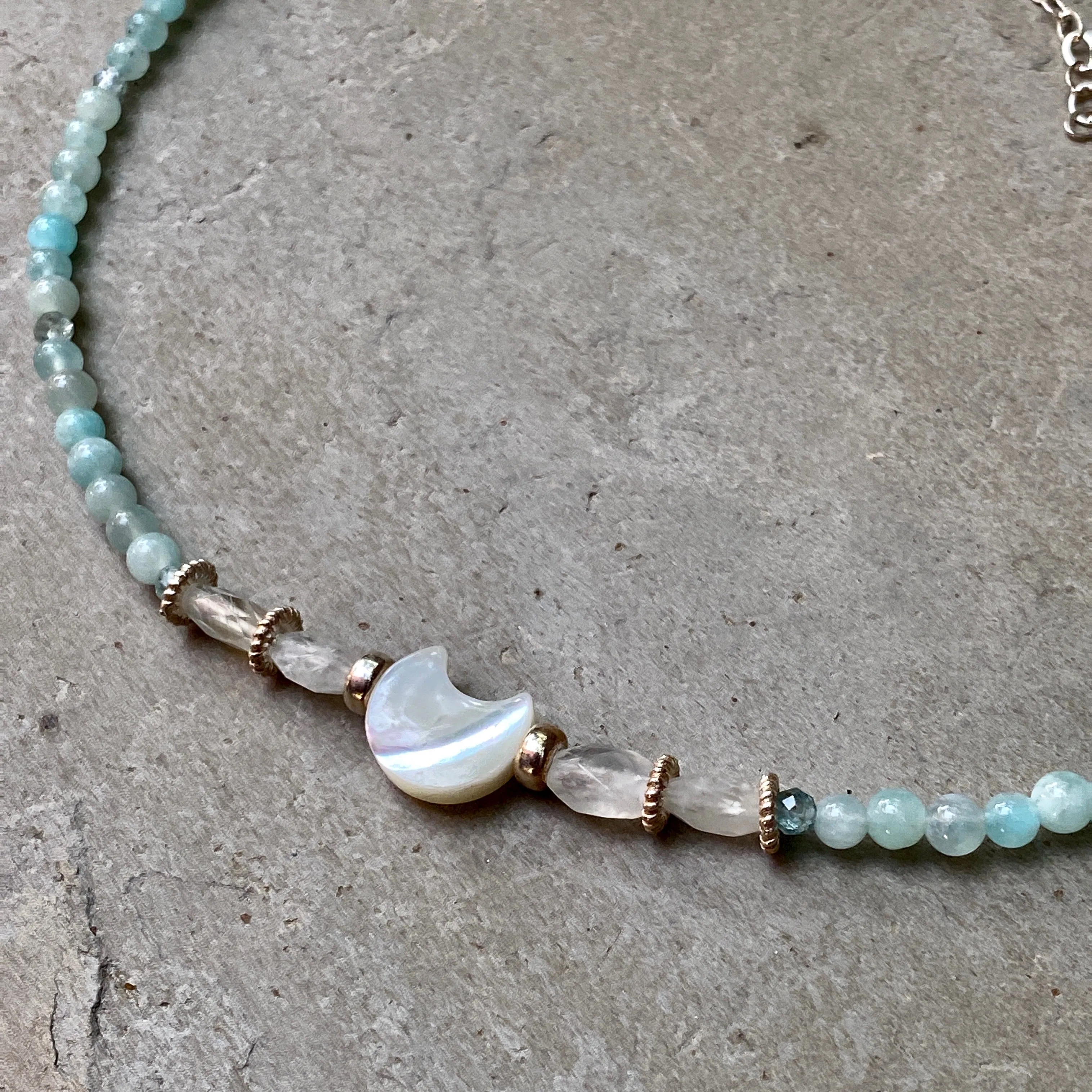 Mother of pearl moon with amazonite, moonstones, and apatite sterling silver Choker