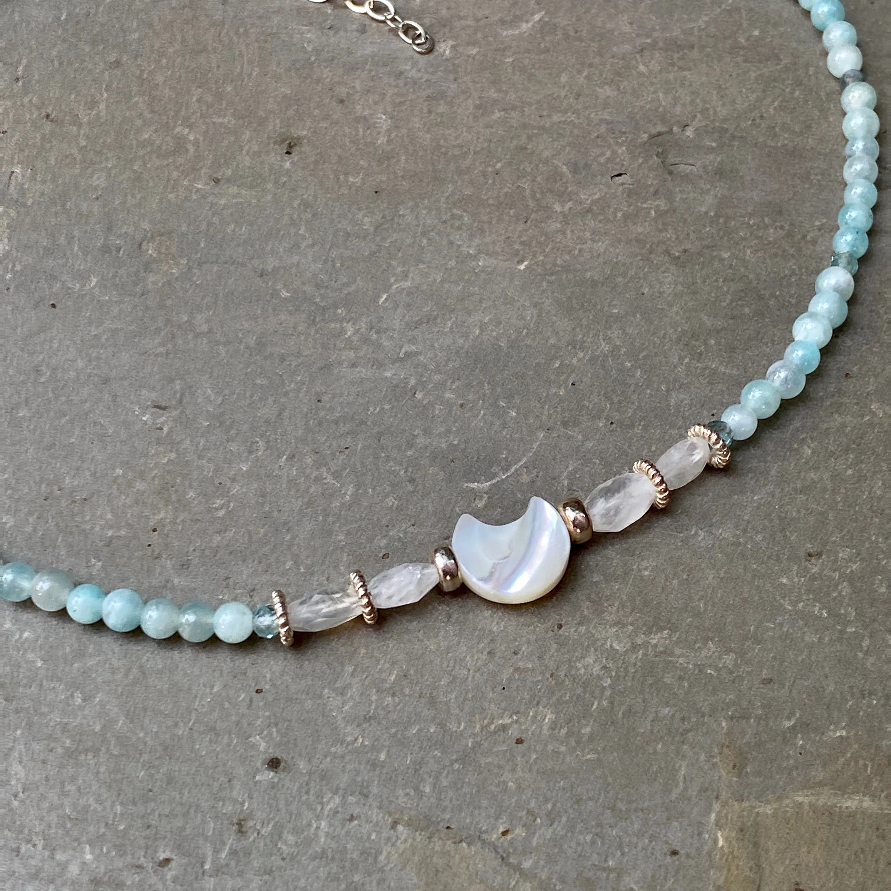 Mother of pearl moon with amazonite, moonstones, and apatite sterling silver Choker