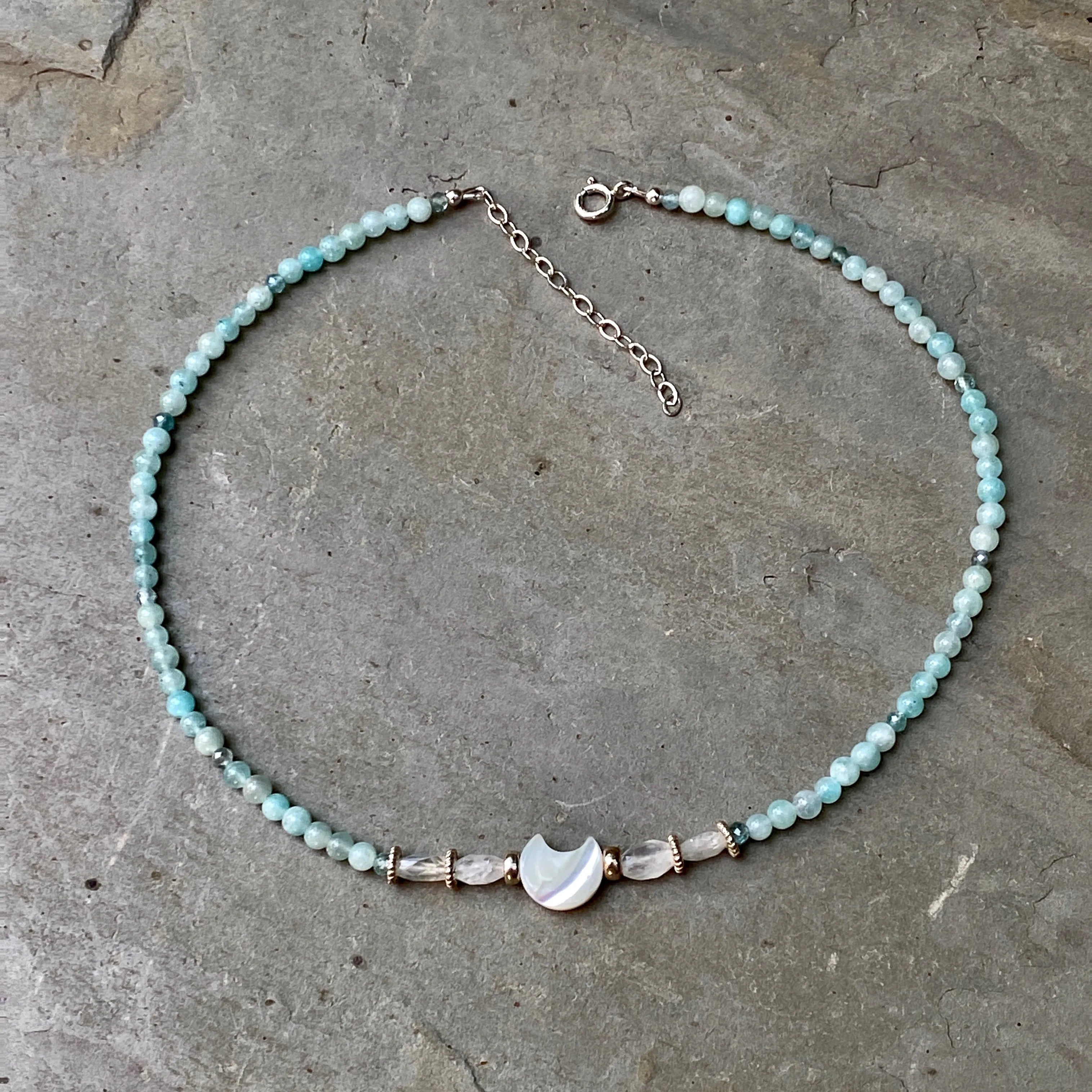 Mother of pearl moon with amazonite, moonstones, and apatite sterling silver Choker