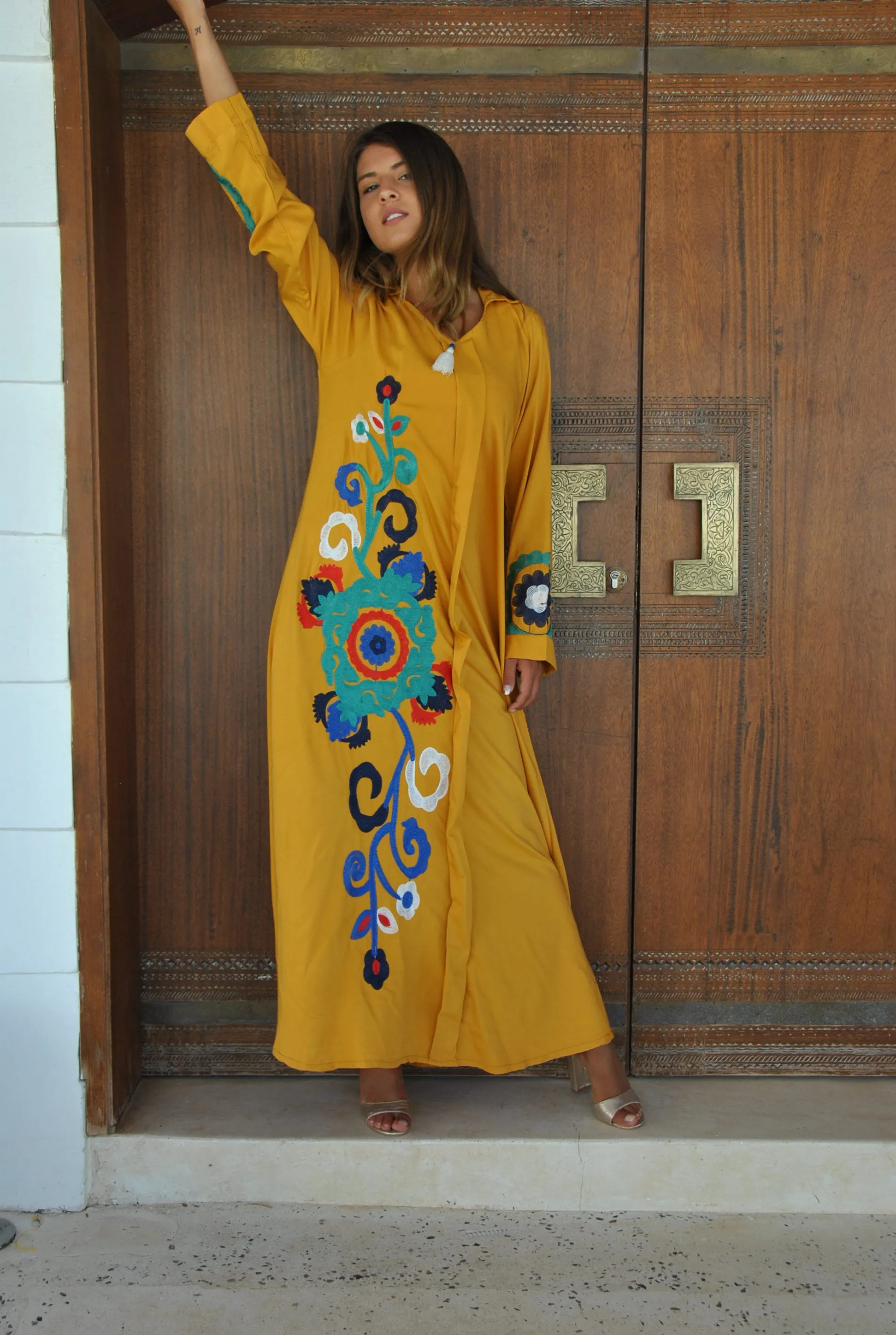 Mustard yellow flower embroidered Caftan, summer caftan, Caftans for women, embroidered Caftan dress, Caftan maxi dress, Cotton Caftans