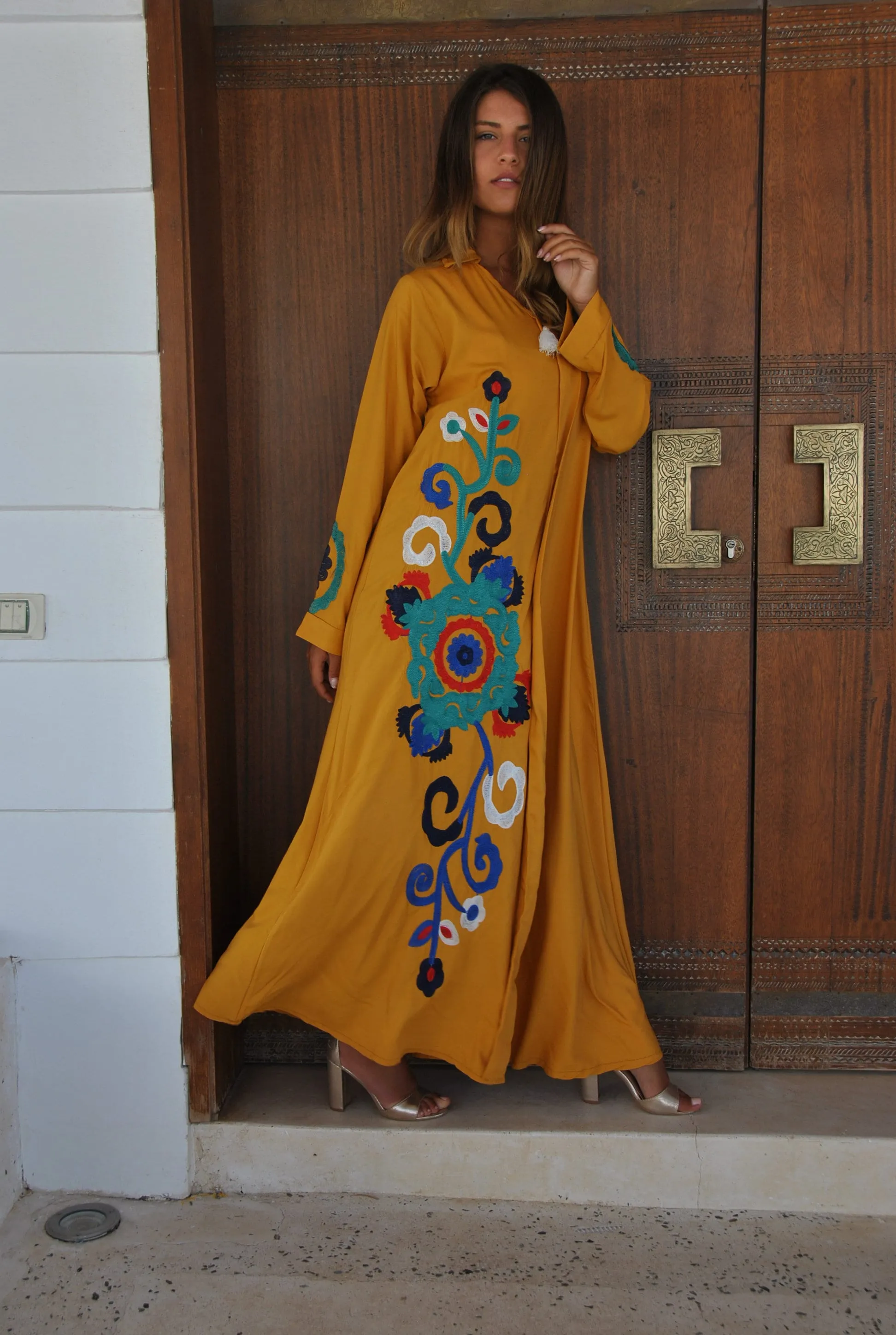 Mustard yellow flower embroidered Caftan, summer caftan, Caftans for women, embroidered Caftan dress, Caftan maxi dress, Cotton Caftans