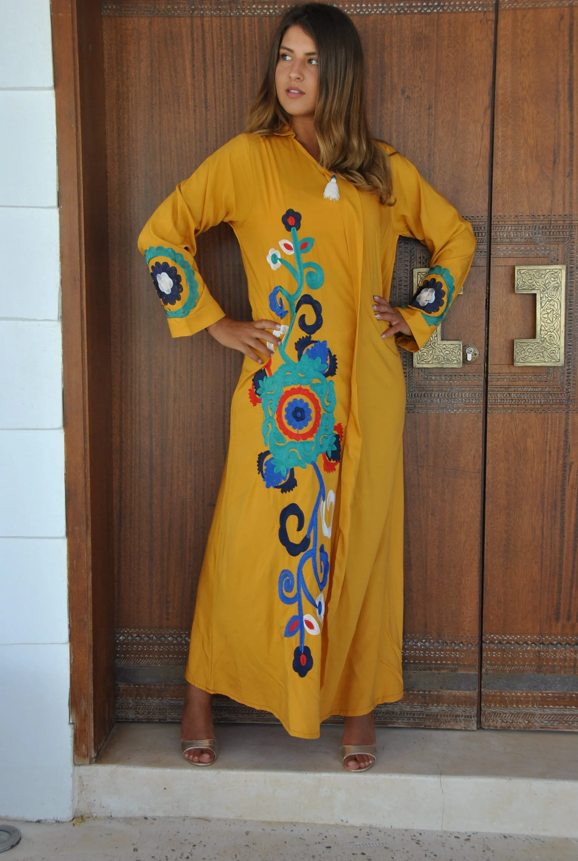 Mustard yellow flower embroidered Caftan, summer caftan, Caftans for women, embroidered Caftan dress, Caftan maxi dress, Cotton Caftans