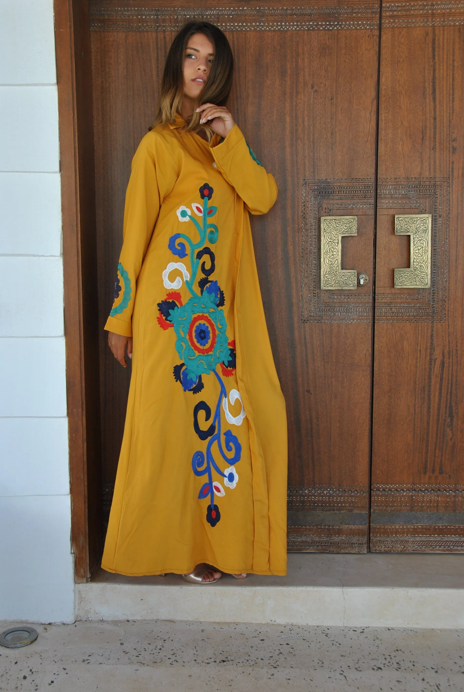 Mustard yellow flower embroidered Caftan, summer caftan, Caftans for women, embroidered Caftan dress, Caftan maxi dress, Cotton Caftans