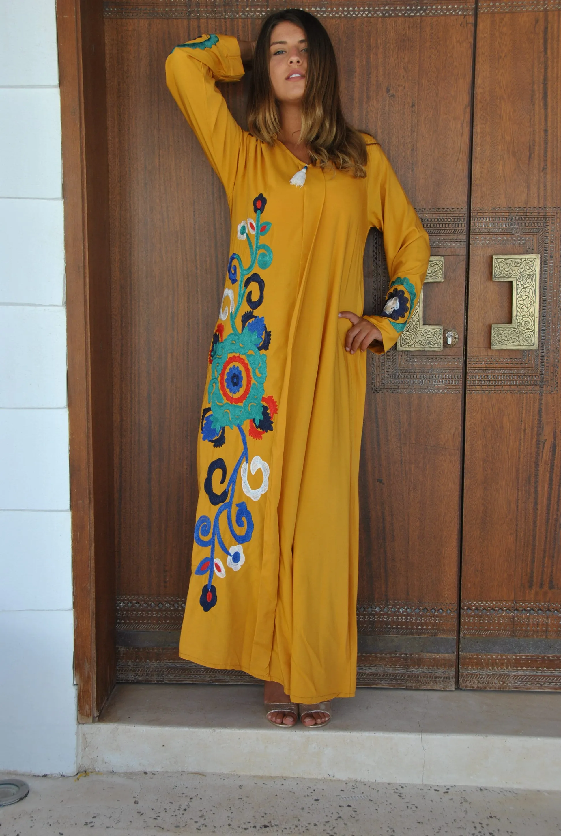 Mustard yellow flower embroidered Caftan, summer caftan, Caftans for women, embroidered Caftan dress, Caftan maxi dress, Cotton Caftans