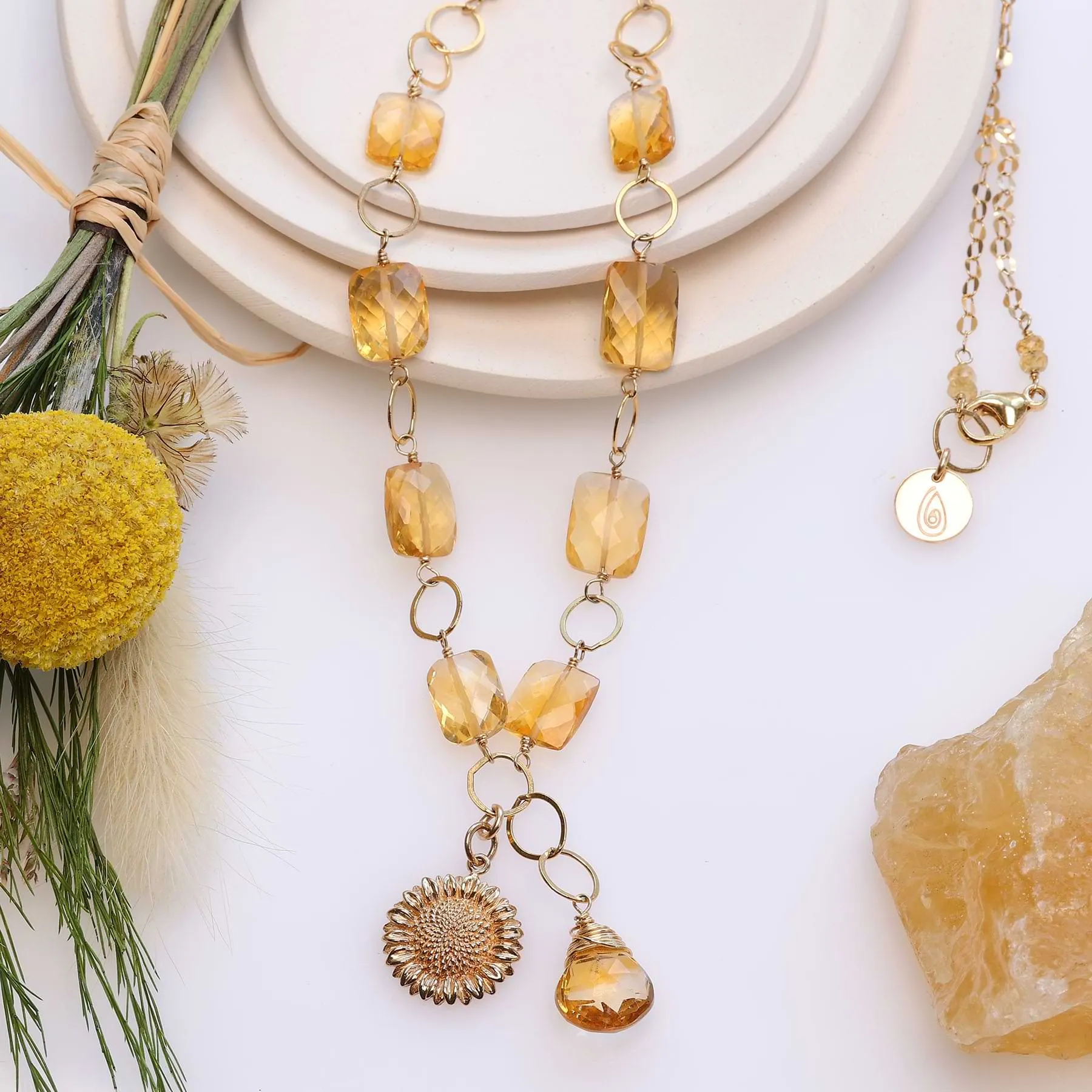 November Sun - Citrine and Sunflower Pendant Gold Necklace