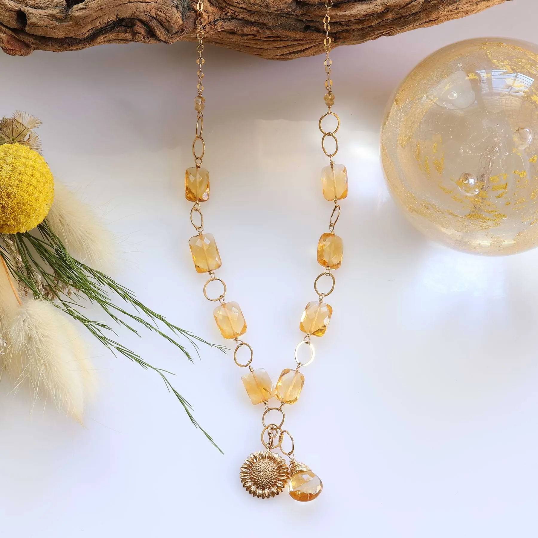 November Sun - Citrine and Sunflower Pendant Gold Necklace