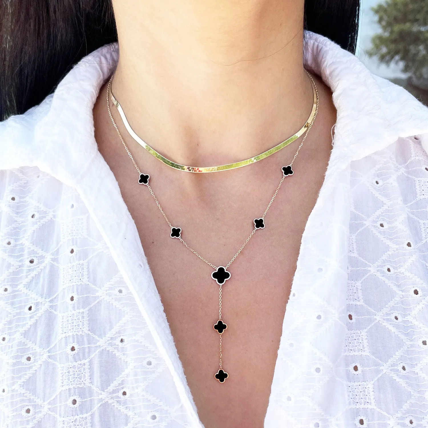 Onyx Clover Station Lariat Necklace